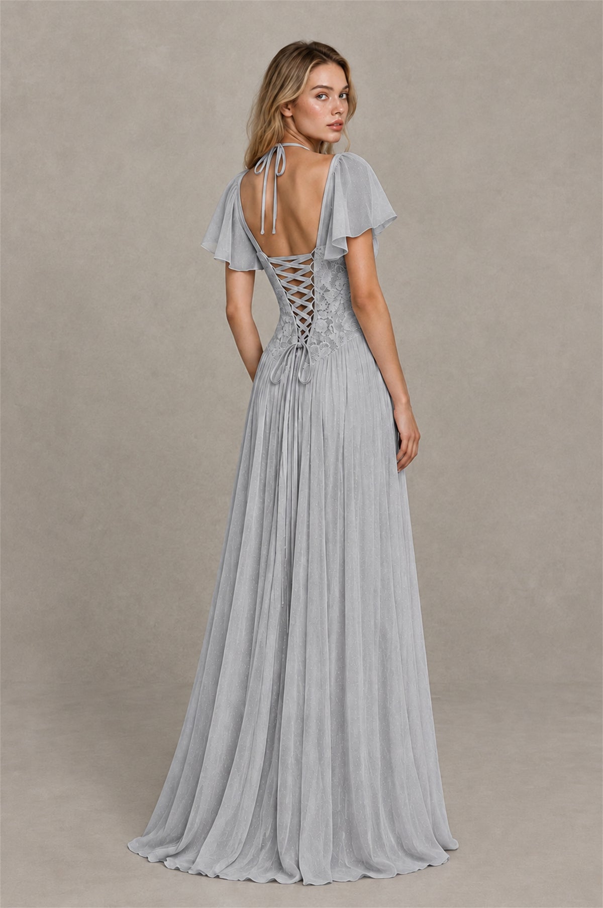 BOLODOO Silver Flutter Sleeve Lace Corset A-Line Maxi Dress - Silver - Silver (2)