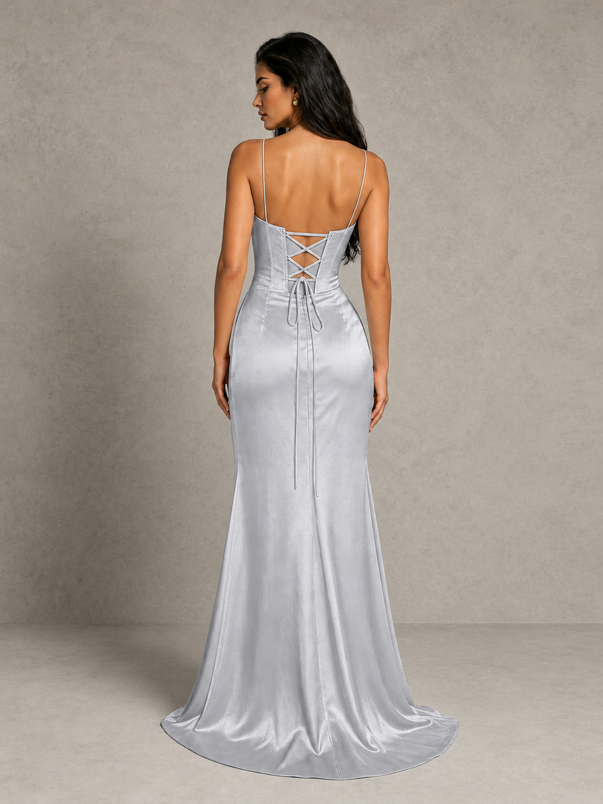 BOLODOO Silver Satin Corset Prom Dress with High Slit & Lace-Up Back - Silver - Silver (2)