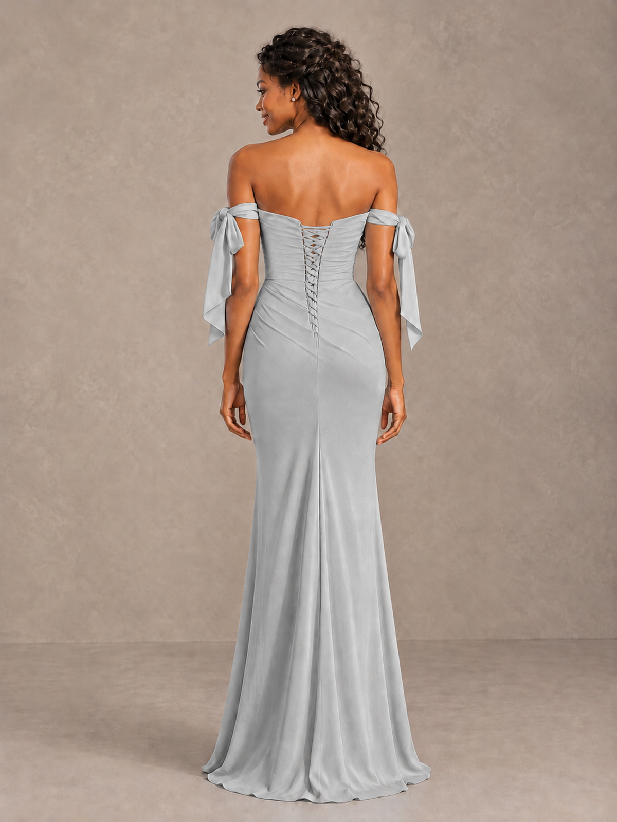 Silver Off-Shoulder Bow Bridesmaid Dress with Slit - Silver - Silver (2)