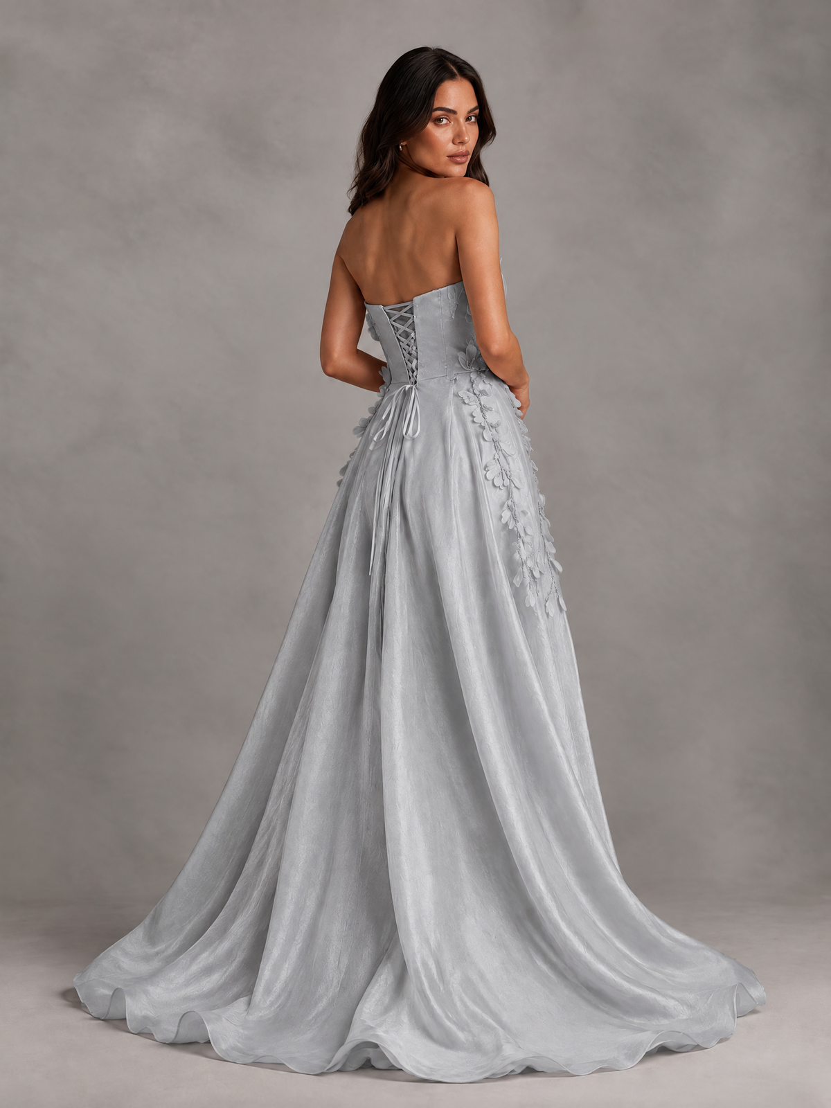 BOLODOO Silver Strapless Floral Applique Prom Dress with Overskirt - Silver - Silver (2)