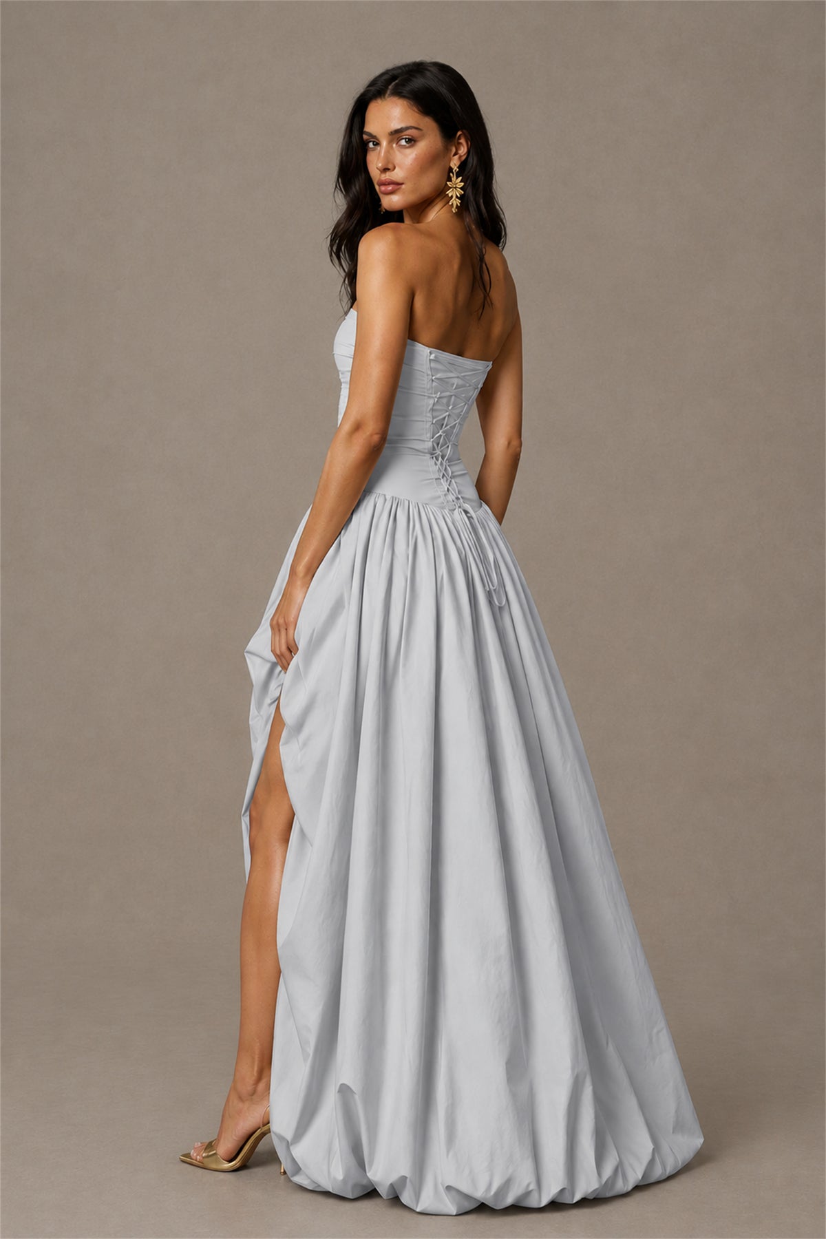 BOLODOO Silver Strapless Ruched Corset Lace-Up Back Bubble Skirt High Slit Taffeta Maxi Dress - Silver