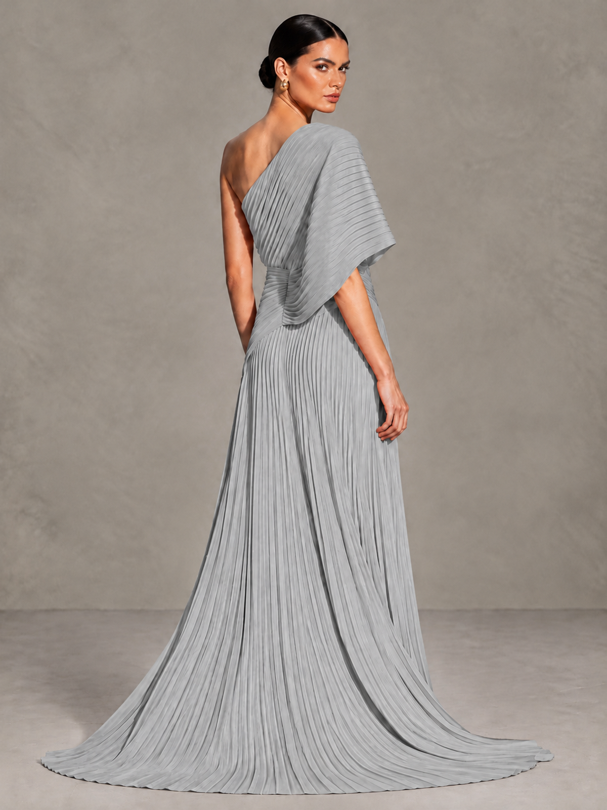 BOLODOO Silver One-Shoulder Pleated Cape Evening Gown with Train - Silver - Silver (2)