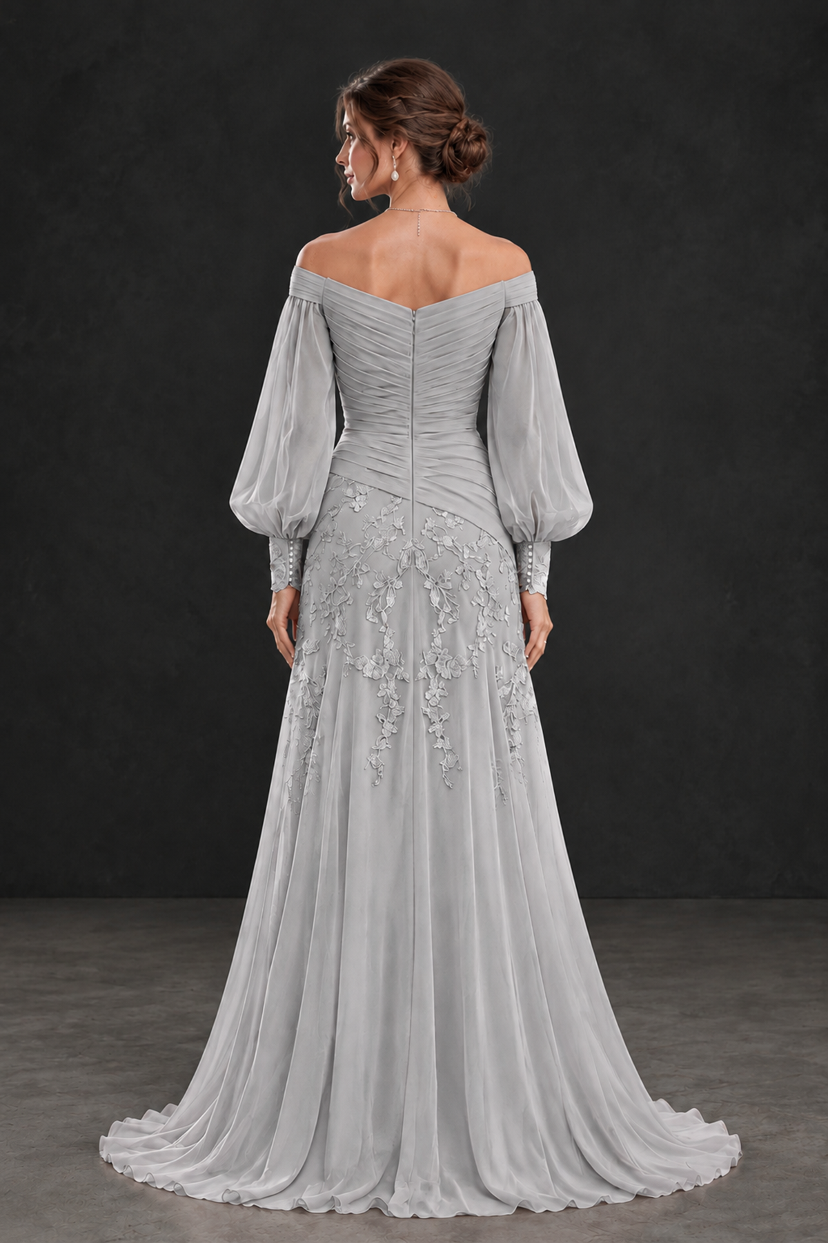 BOLODOO Silver Long Sleeve Mother of the Bride Dress with Floral Appliqués - Silver - Silver (2)