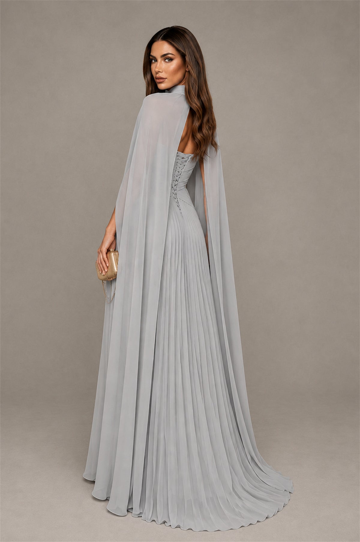 BOLODOO Silver Strapless Crossover Ruched Bodice Detached Turtleneck Cape Lace-Up Back Pleated Chiffon Maxi Dress - Silver