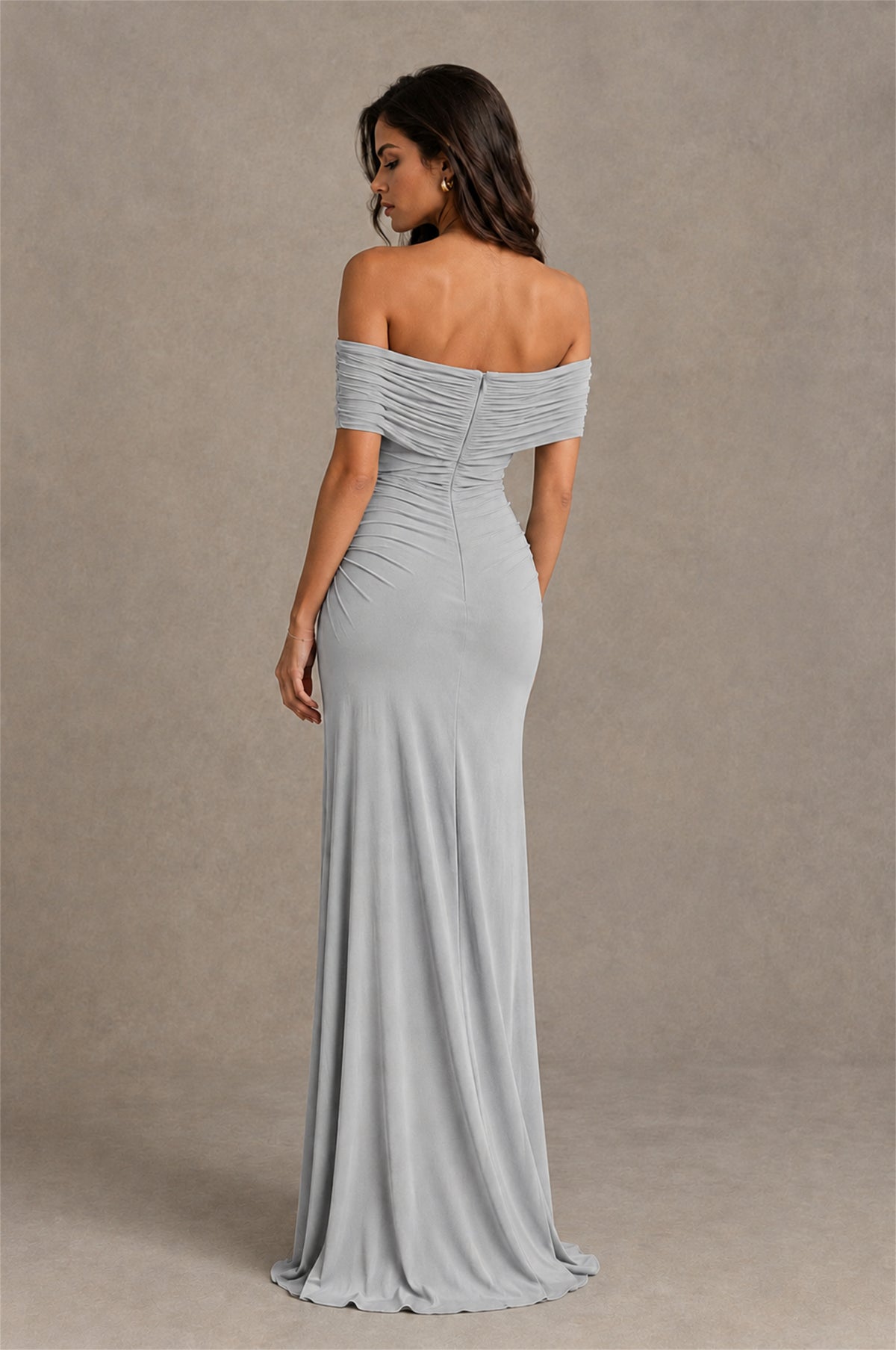 BOLODOO Silver Off-Shoulder Ruched Maxi Dress - Silver