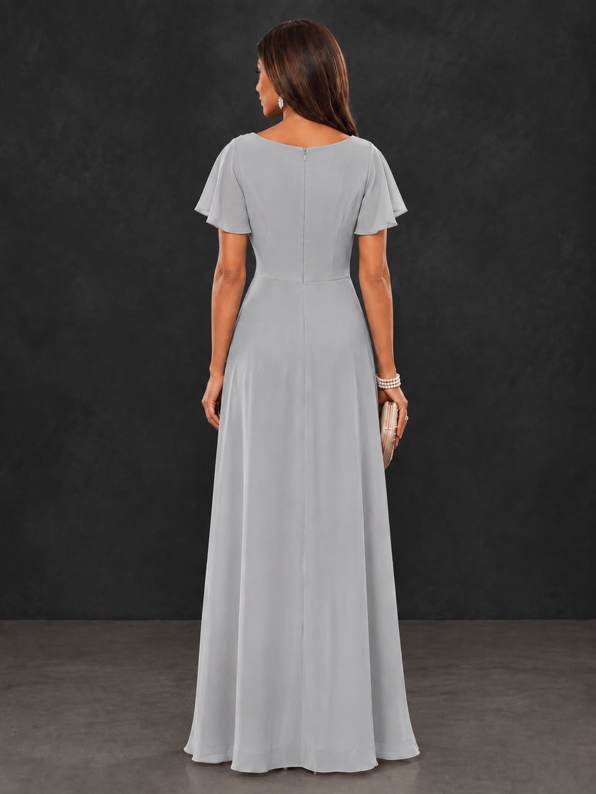 BOLODOO Silver Floral Flutter Sleeve Mother of the Bride Dress - Silver