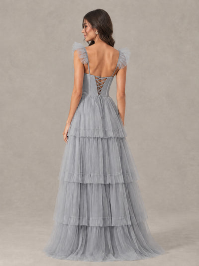 BOLODOO Silver Tiered Tulle Bridesmaid Dress with Slit - Silver - Silver (2)