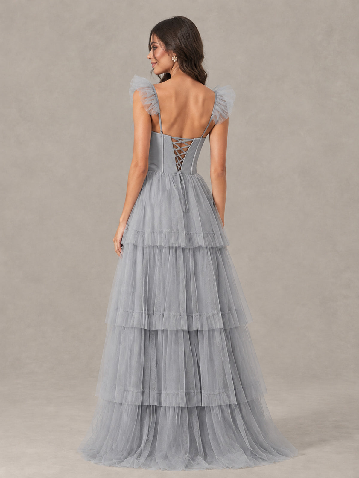BOLODOO Silver Tiered Tulle Bridesmaid Dress with Slit - Silver - Silver (2)