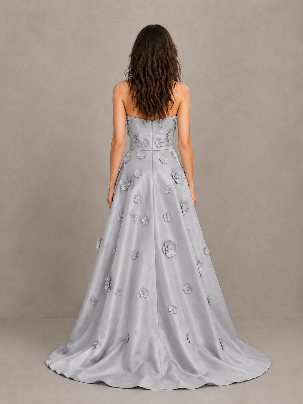 BOLODOO Silver Strapless 3D Floral Applique Prom Gown with Draped Skirt - Silver - Silver (2)