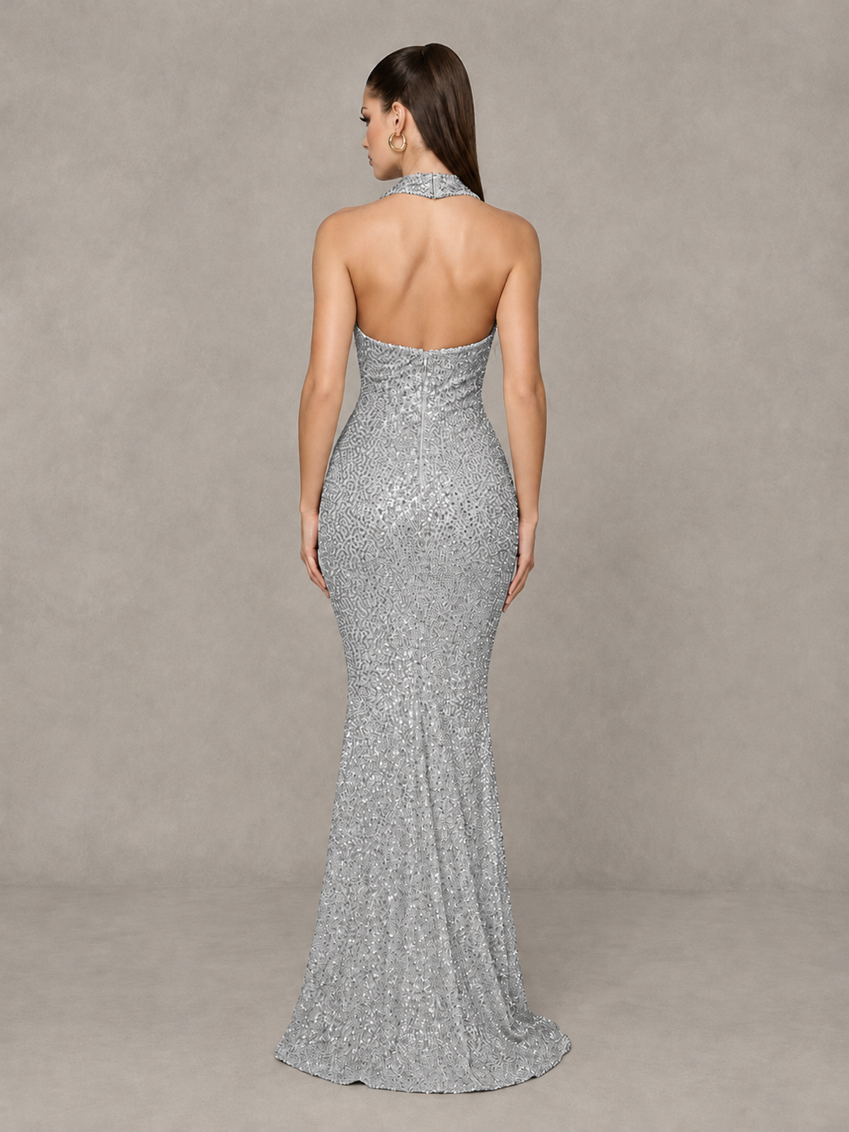 BOLODOO Silver Sequin Halter Mermaid Evening Gown - Silver - Silver (2)