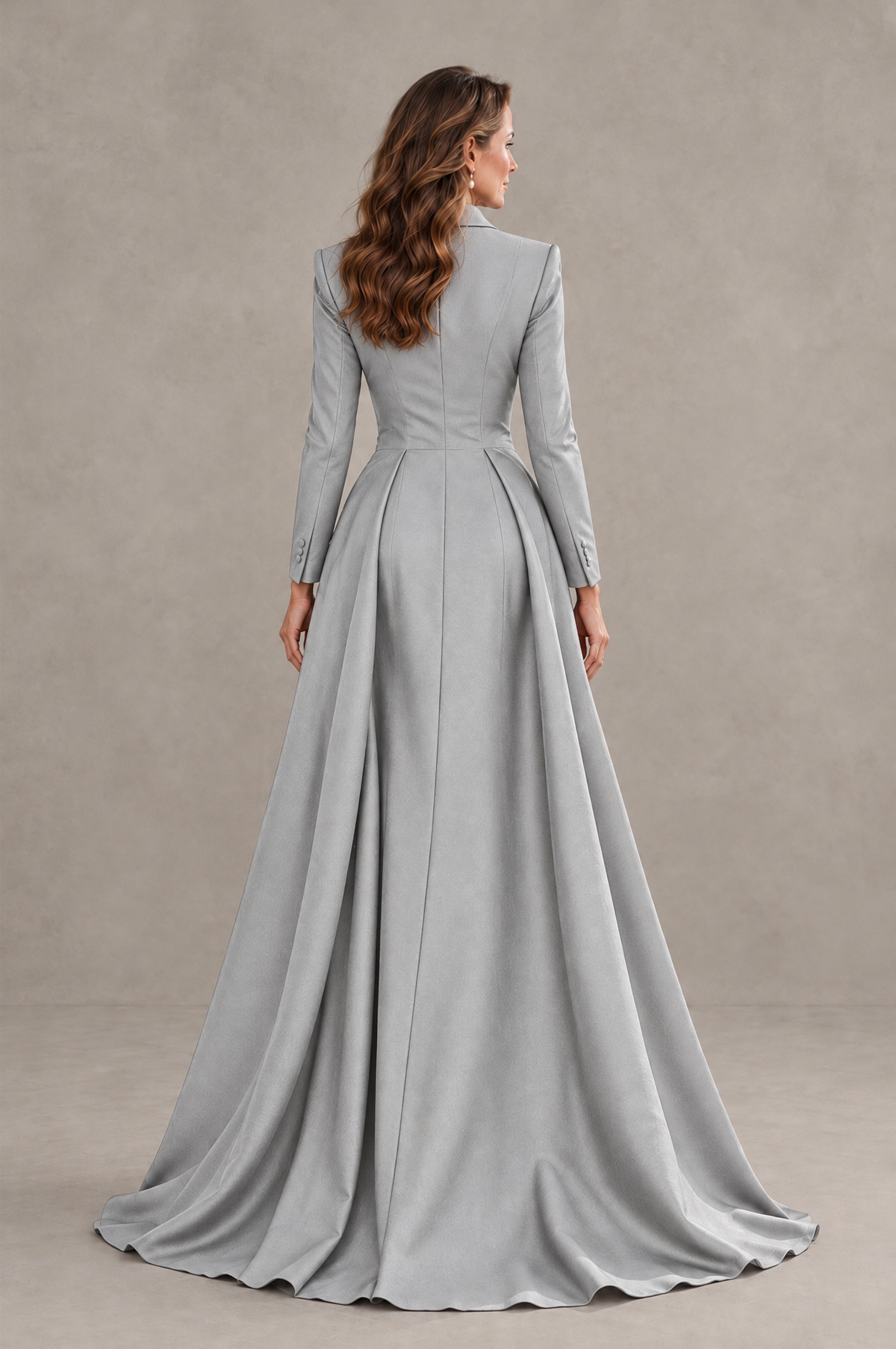 BOLODOO Silver Long Sleeve Lace Blazer Gown with High Slit - Silver - Silver (2)
