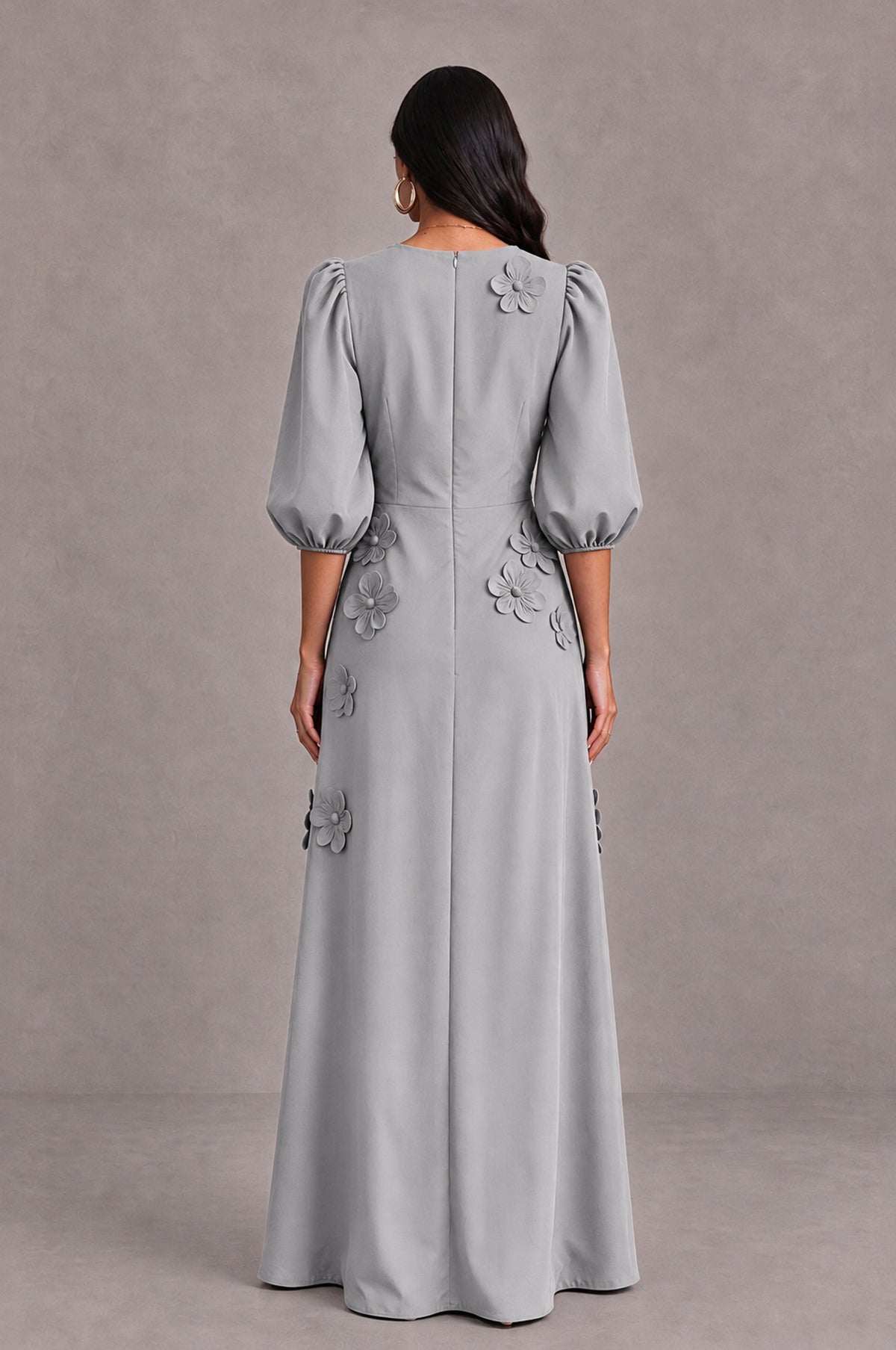 BOLODOO Silver Floral Applique Puff Sleeve A-Line Evening Dress - Silver - Silver (2)