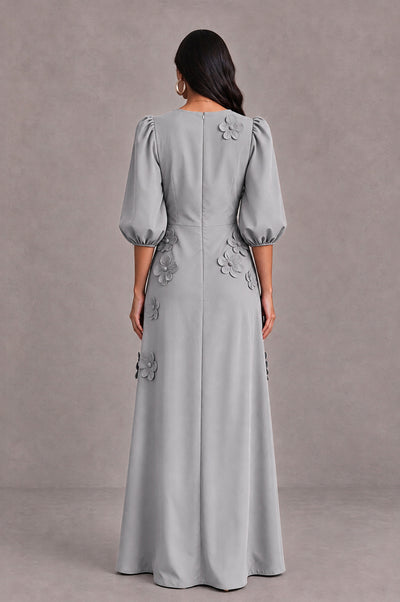 BOLODOO Silver Floral Applique Puff Sleeve A-Line Evening Dress - Silver - Silver (2)