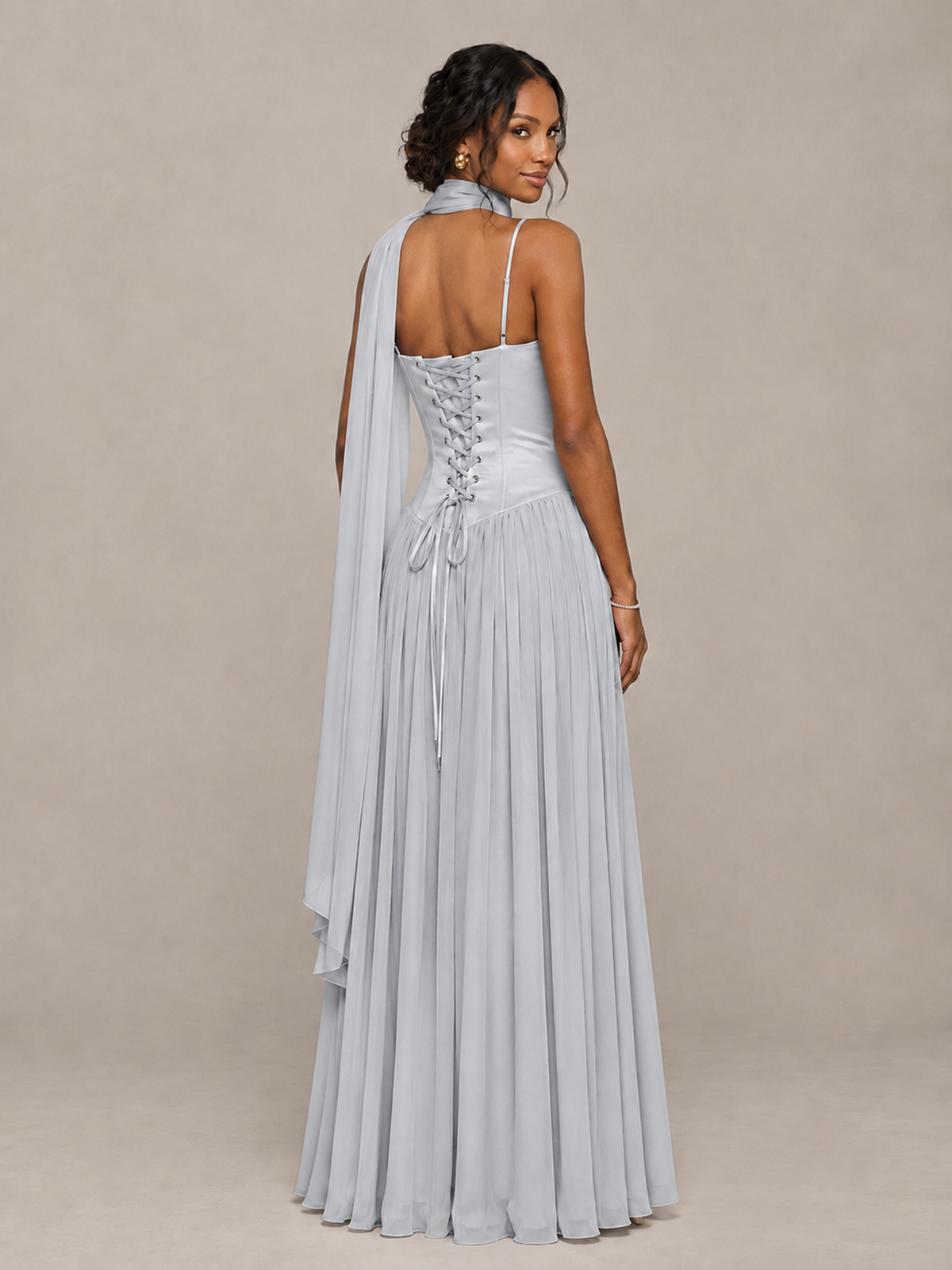 BOLODOO Silver Corset Bridesmaid Dress with Scarf - Silver - Silver (2)