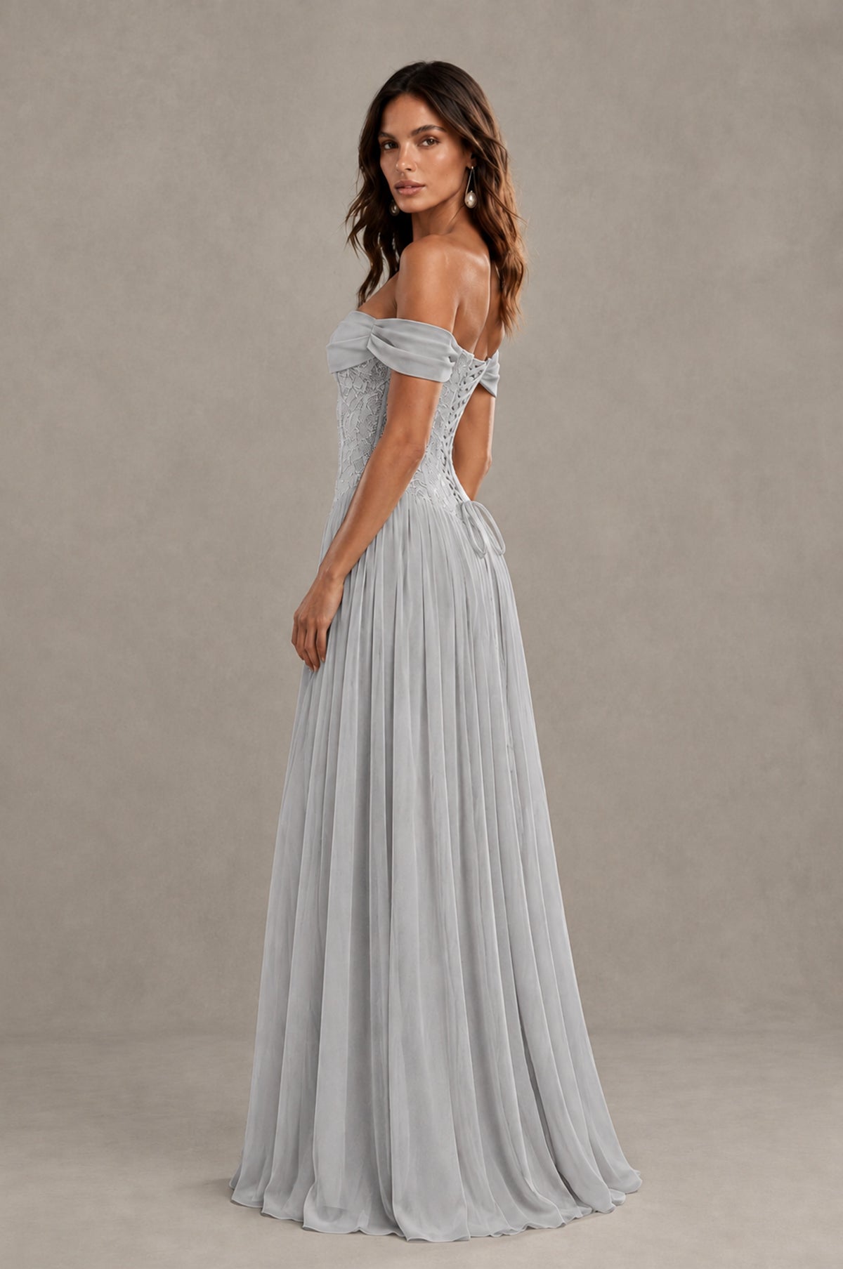 BOLODOO Silver Off-Shoulder Lace Corset Tulle Maxi Dress - Silver - Silver (2)