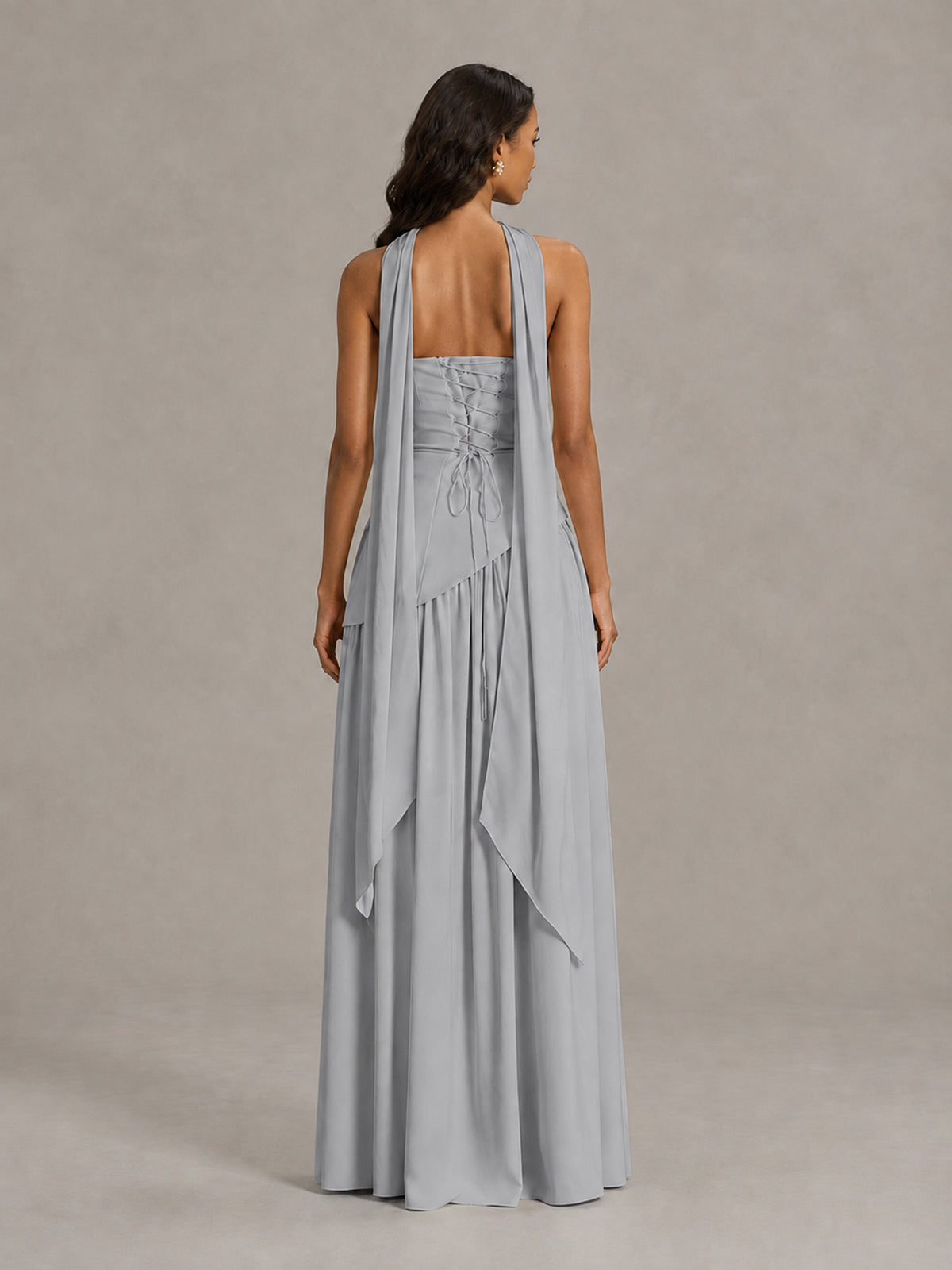 Silver Strapless Bridesmaid Dress with Scarf & High Slit - Silver - Silver (2)