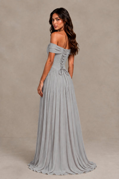 BOLODOO Silver Off-Shoulder Sweetheart Corset Pleated Chiffon Maxi Dress - Silver - Silver (2)