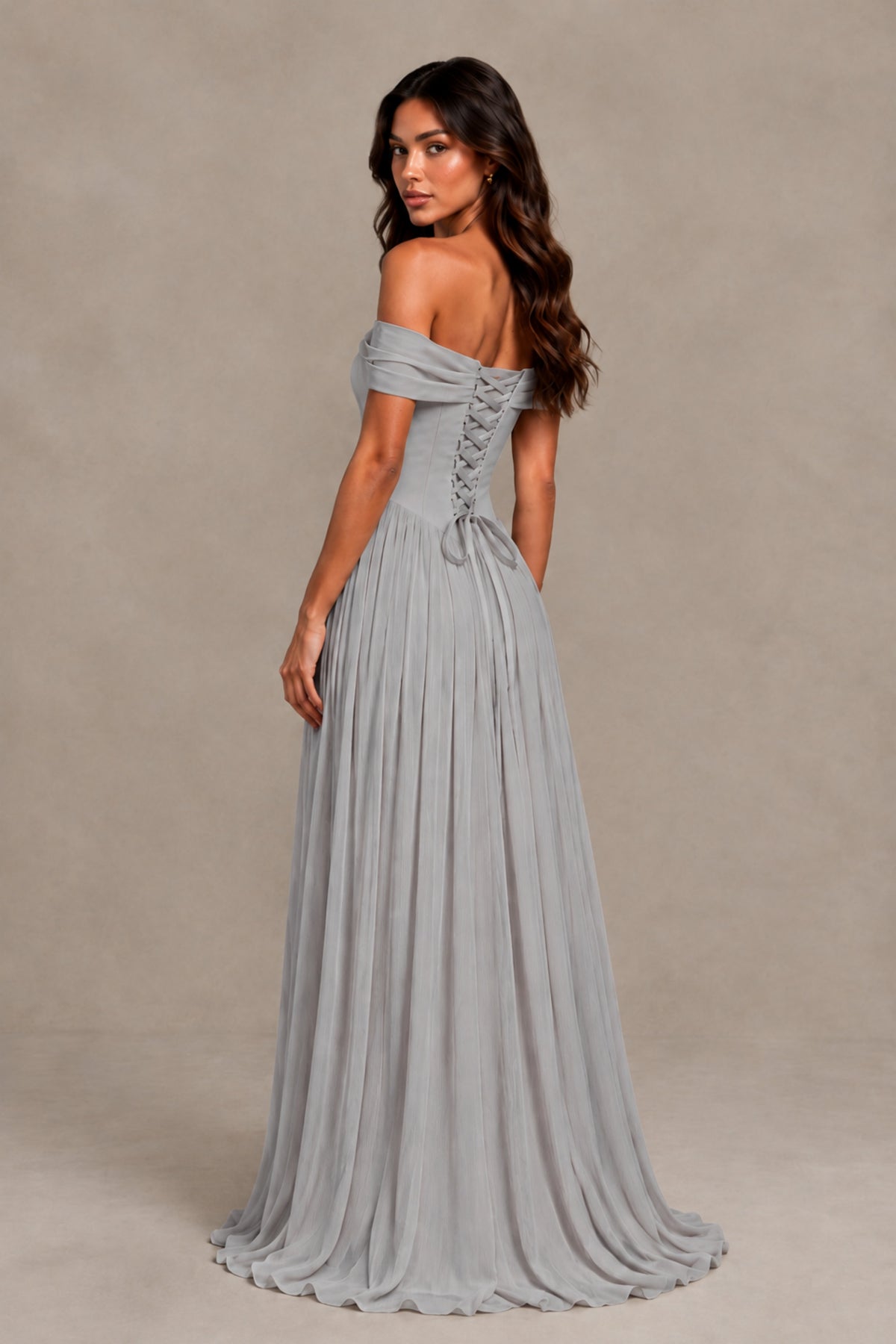 BOLODOO Silver Off-Shoulder Sweetheart Corset Pleated Chiffon Maxi Dress - Silver - Silver (2)