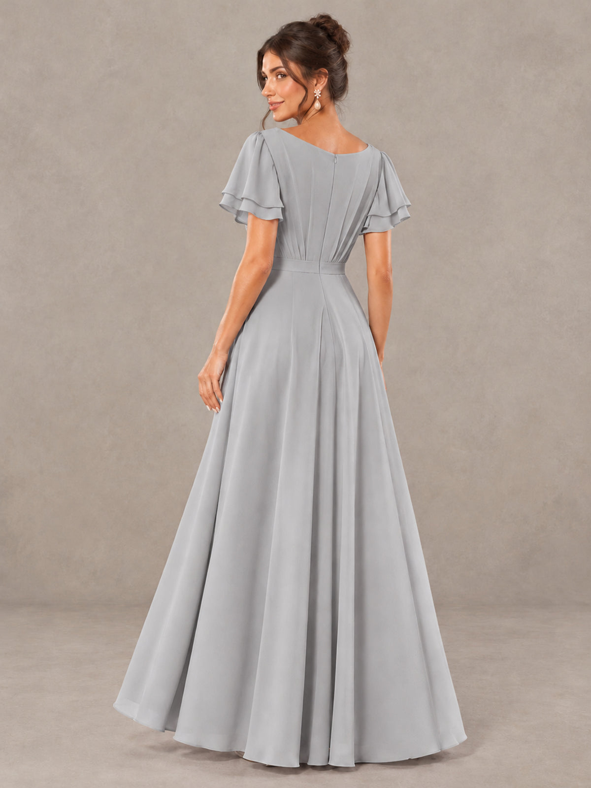 BOLODOO Silver Flutter Sleeve Ruffle Bridesmaid Dress with Slit - Silver - Silver (2)