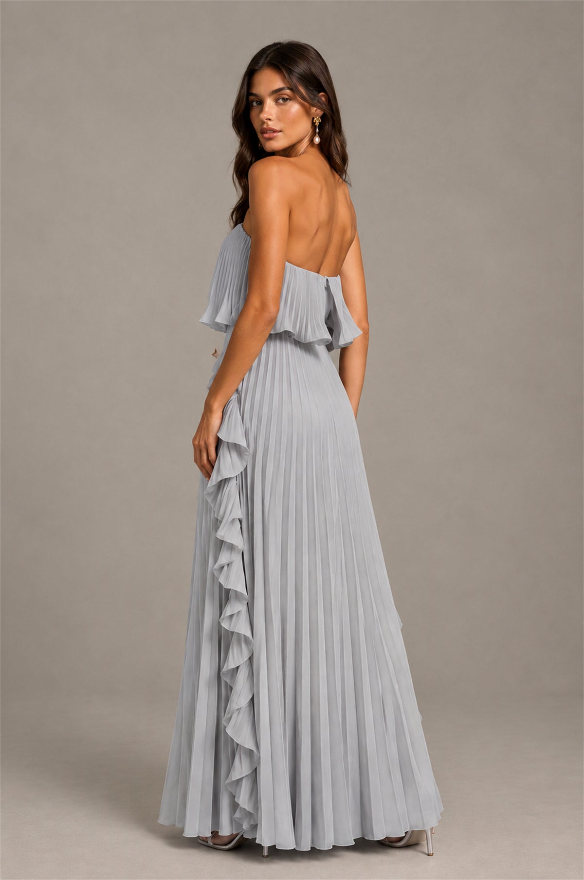 BOLODOO Silver Strapless Ruffle Bodice Dual Cascading Ruffle Accordion Pleated Chiffon Maxi Dress - Silver