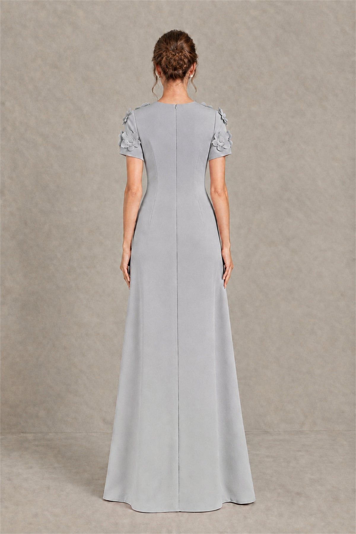 BOLODOO Silver Textured Floral Maxi Dress with Short Sleeves - Silver