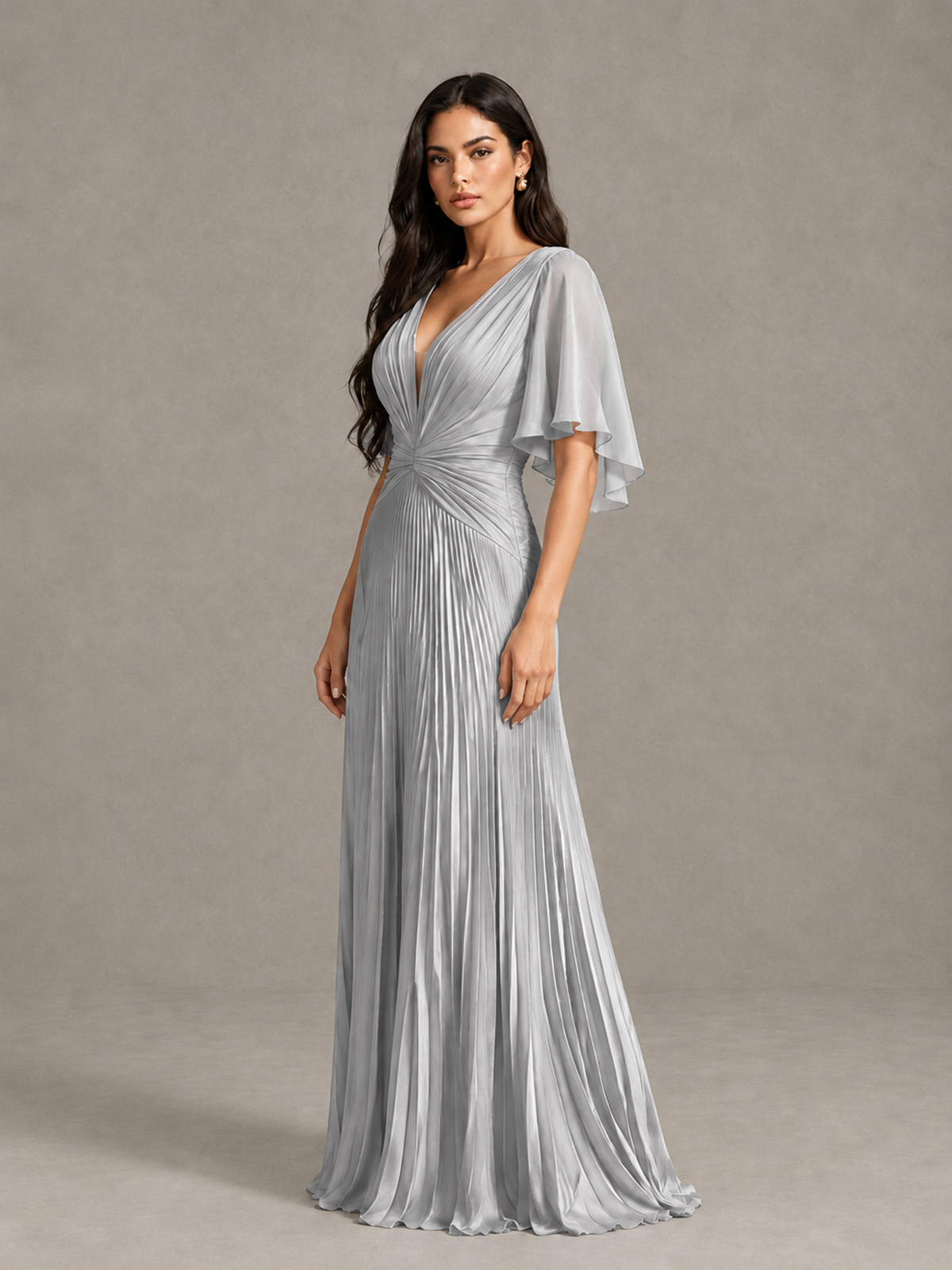 BOLODOO Silver Pleated V-Neck Flutter Sleeve Bridesmaid Dress - Silver - Silver (2)
