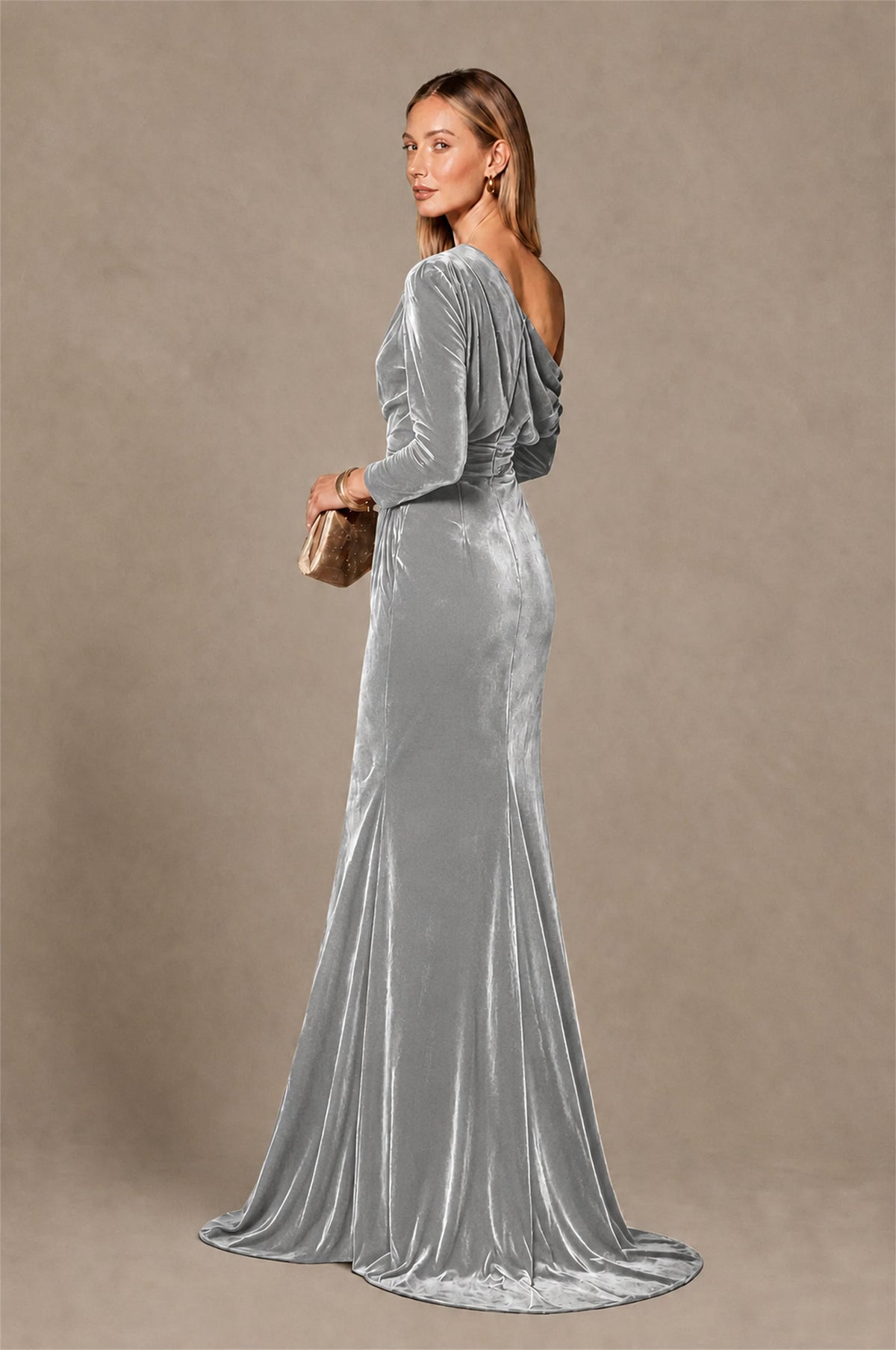 BOLODOO Silver Velvet One-Shoulder Long Sleeve Evening Gown - Silver