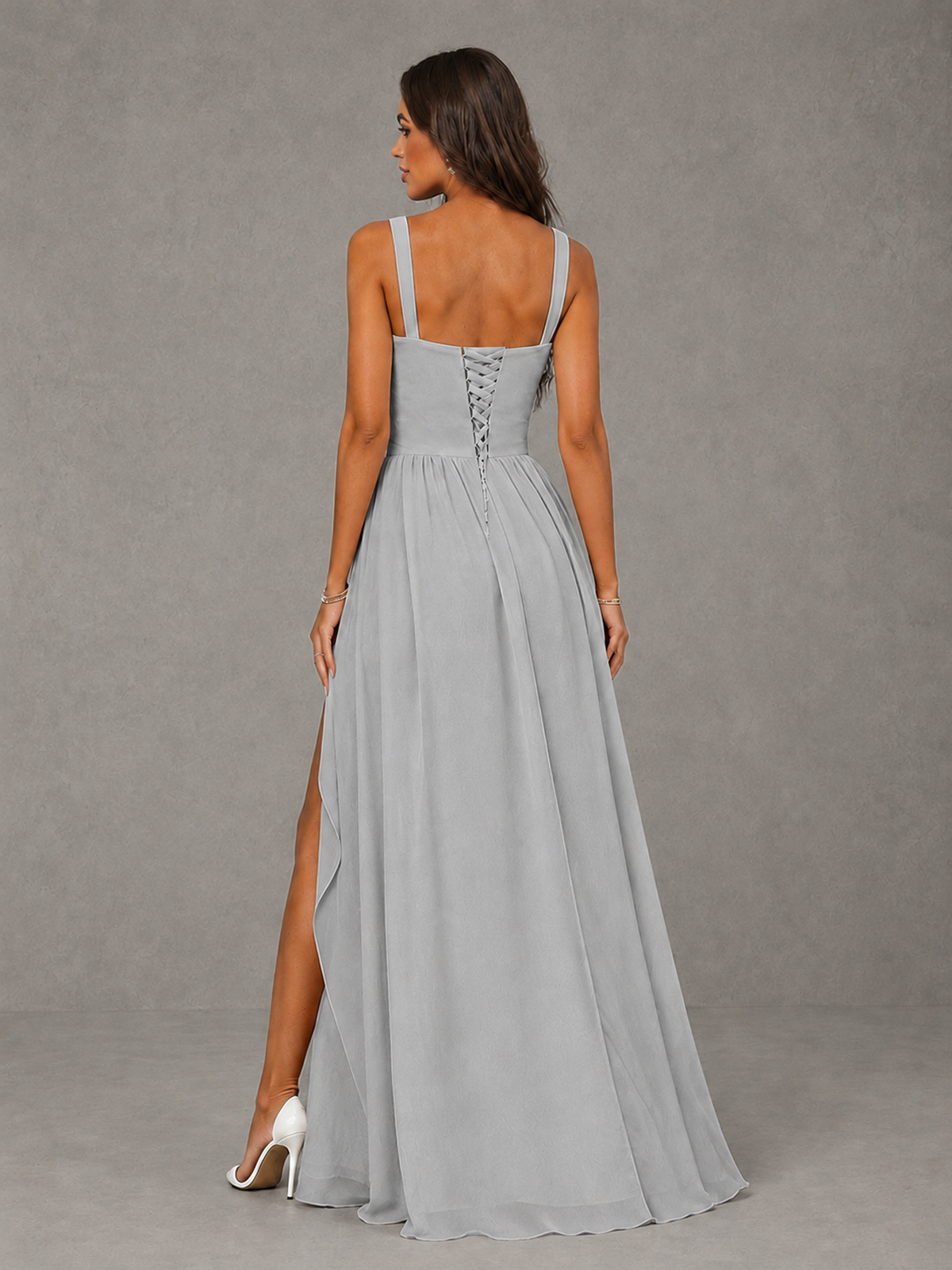 BOLODOO Silver A-Line Bridesmaid Dress with High Slit & Lace-Up Back - Silver - Silver (2)