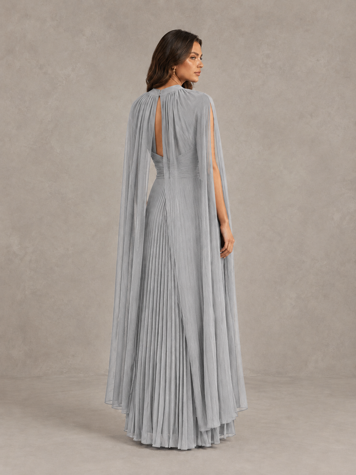 BOLODOO Silver Pleated Cape Maxi Wedding Guest Dress - Silver - Silver (2)