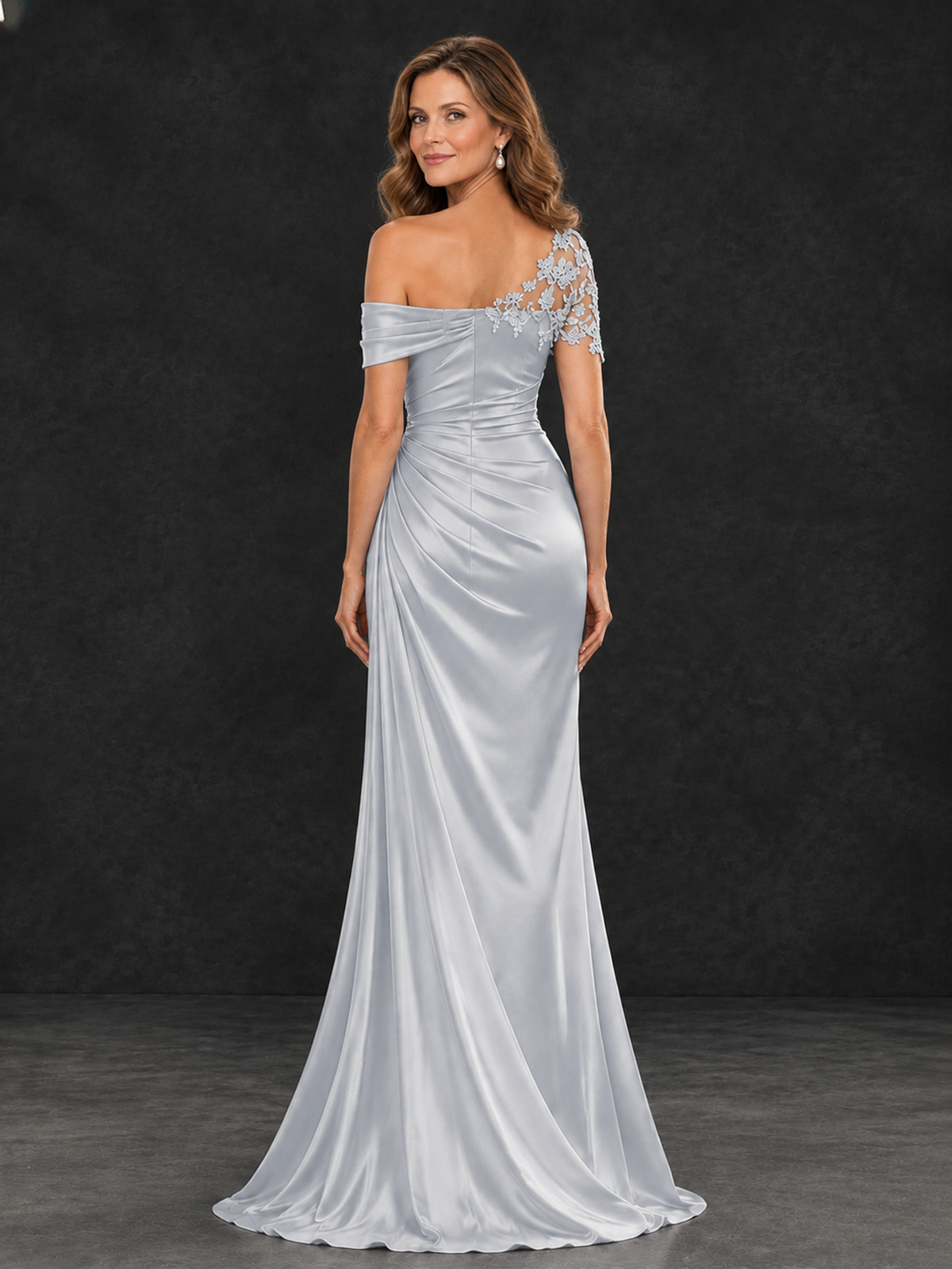BOLODOO Silver Asymmetric Satin Mother of the Bride Dress with Lace Sleeve - Silver - Silver (2)
