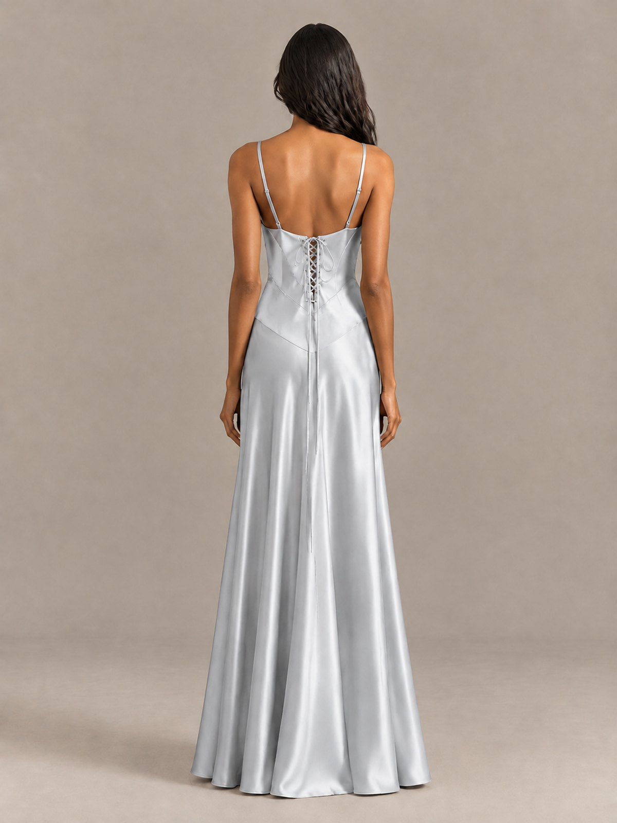 BOLODOO Silver Satin Lace-Up Back Maxi Dress - Silver