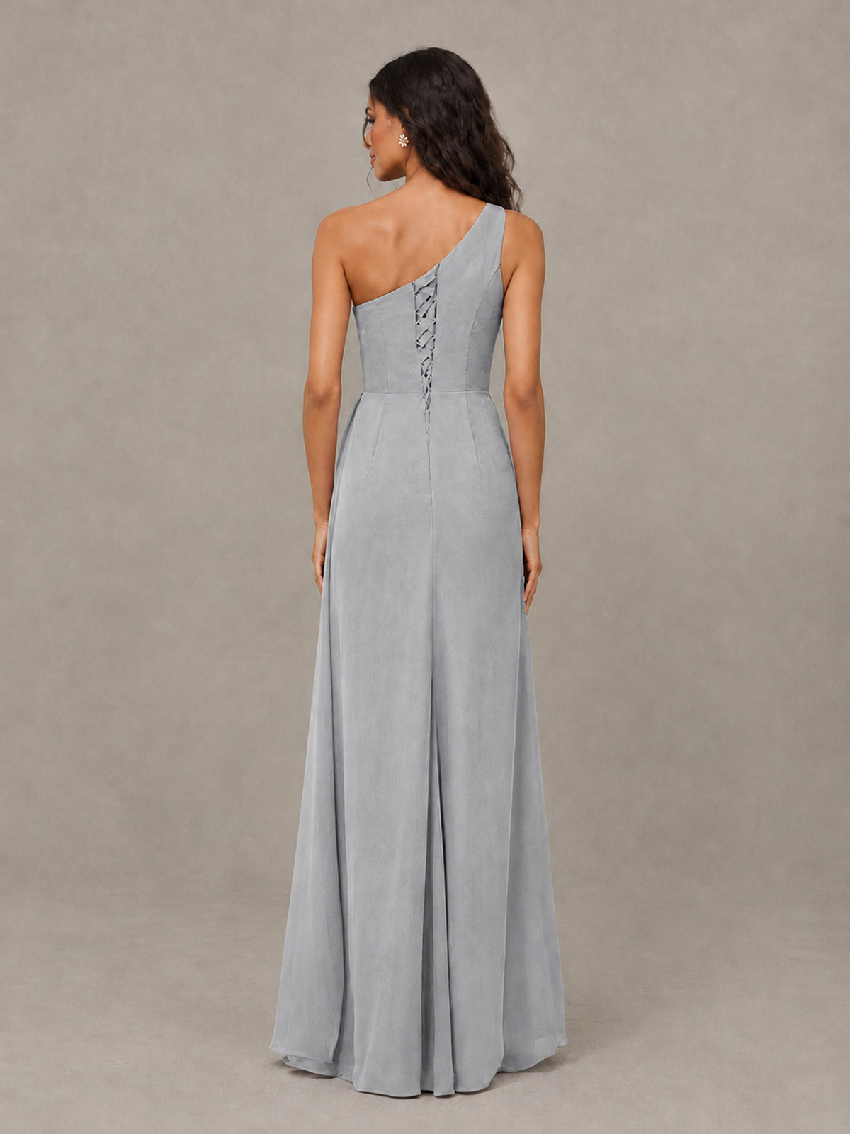 BOLODOO Silver One-Shoulder Chiffon Bridesmaid Dress with Ruched Bodice & High Slit - Silver - Silver (2)