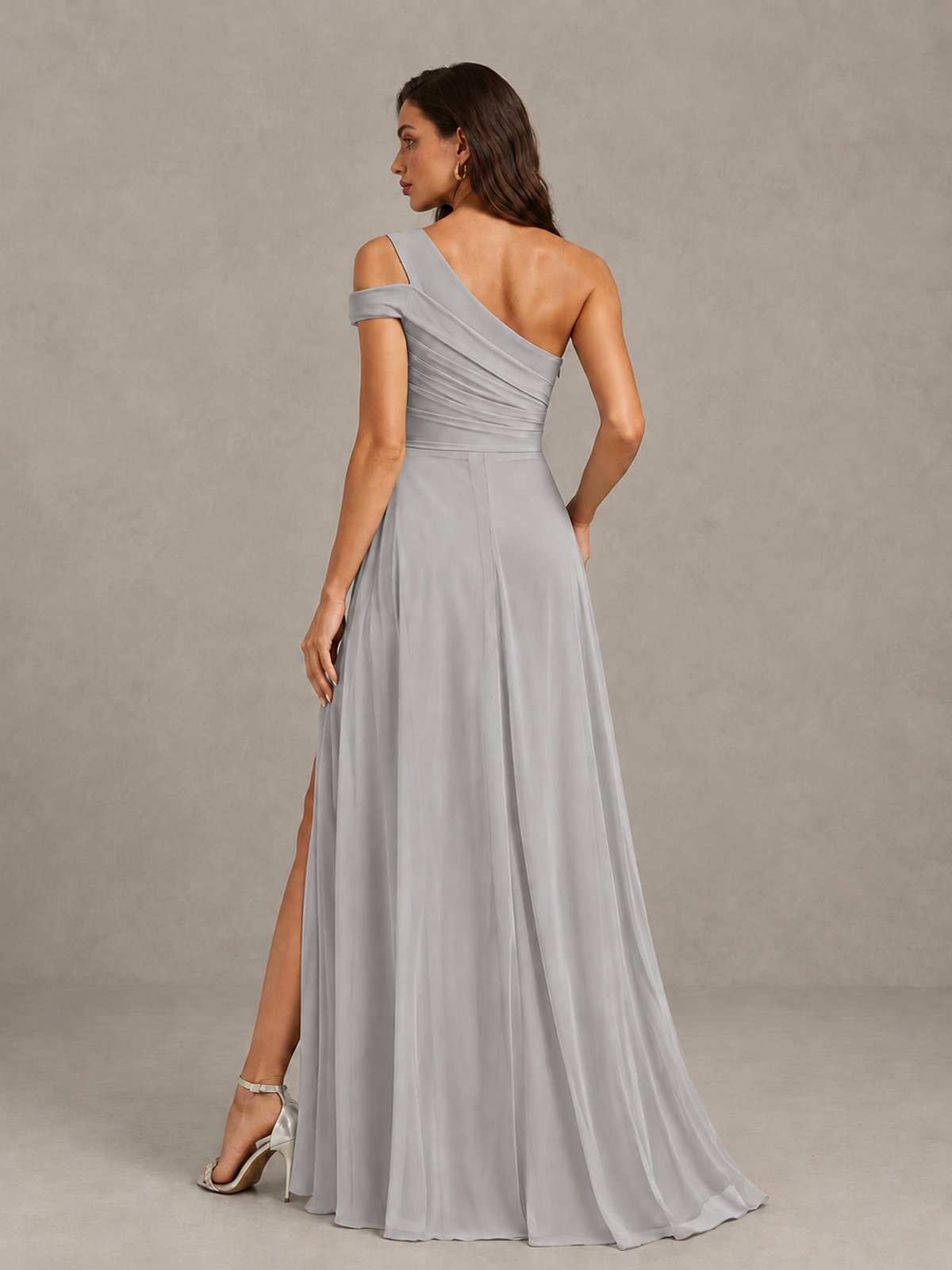 BOLODOO Silver One-Shoulder Bridesmaid Dress with Side Slit - Silver - Silver (2)