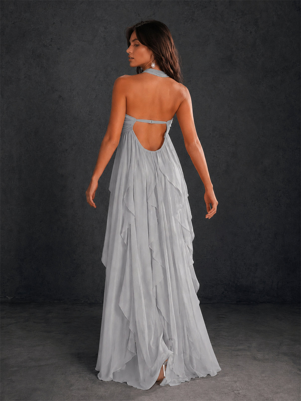 BOLODOO Silver Halter Neck Cascading Ruffle Chiffon Maxi Dress | Keyhole Open Back - Silver