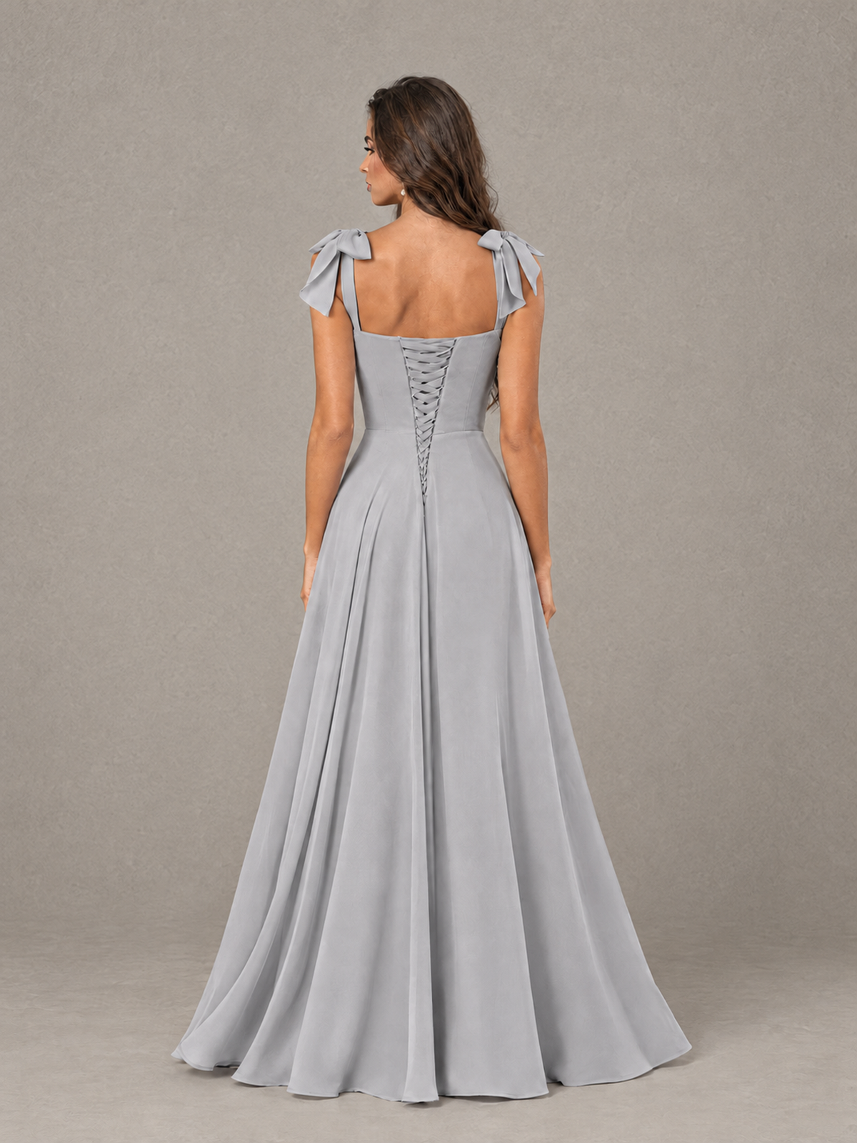 BOLODOO Silver Bow-Strap Bridesmaid Dress with Ruffle Slit - Silver - Silver (2)