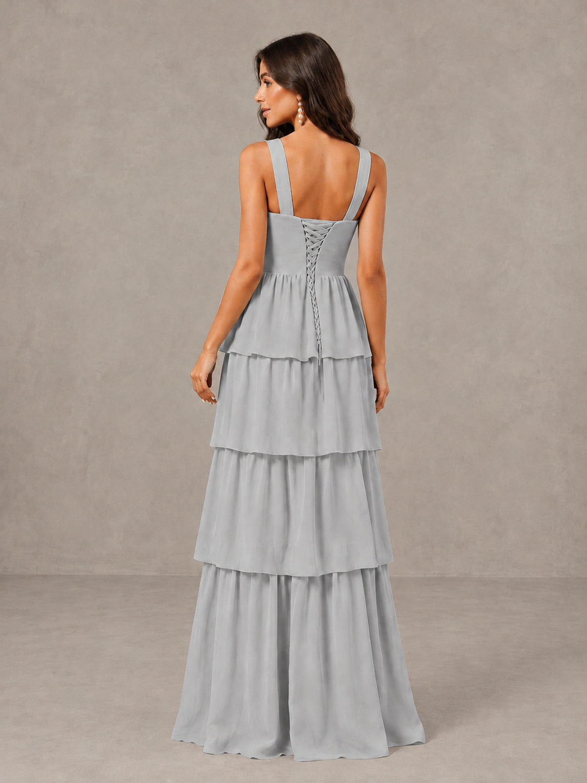BOLODOO Silver Square Neck Tiered Bridesmaid Dress with Slit - Silver - Silver (2)