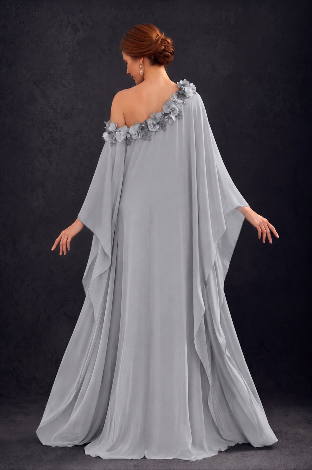 BOLODOO Silver 2-Piece Set: Off-Shoulder 3D Floral Cape Gown & One-Shoulder Wide-Leg Jumpsuit | BD0373 - Silver