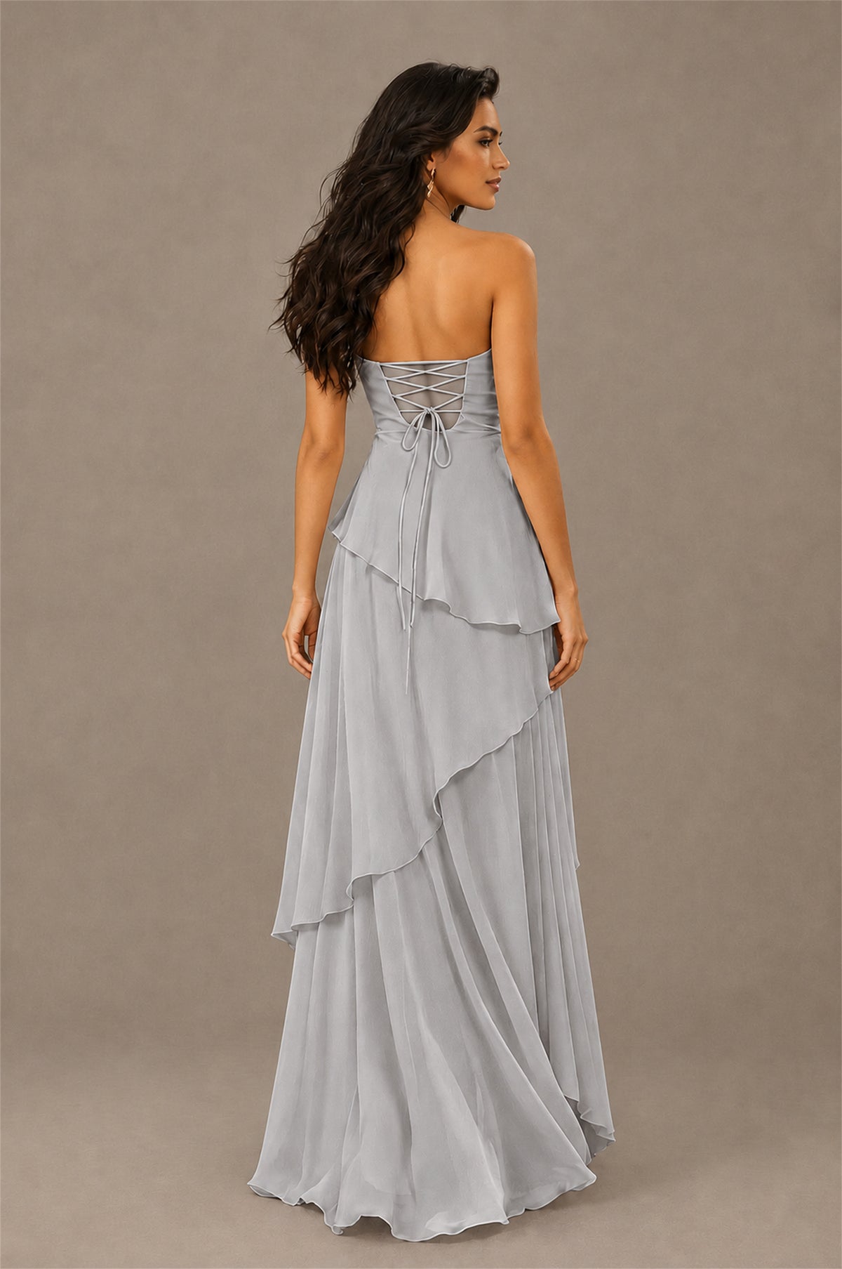 BOLODOO Silver Strapless Sweetheart Knotted Chiffon Tiered Maxi Dress with Lace-Up Back - Silver