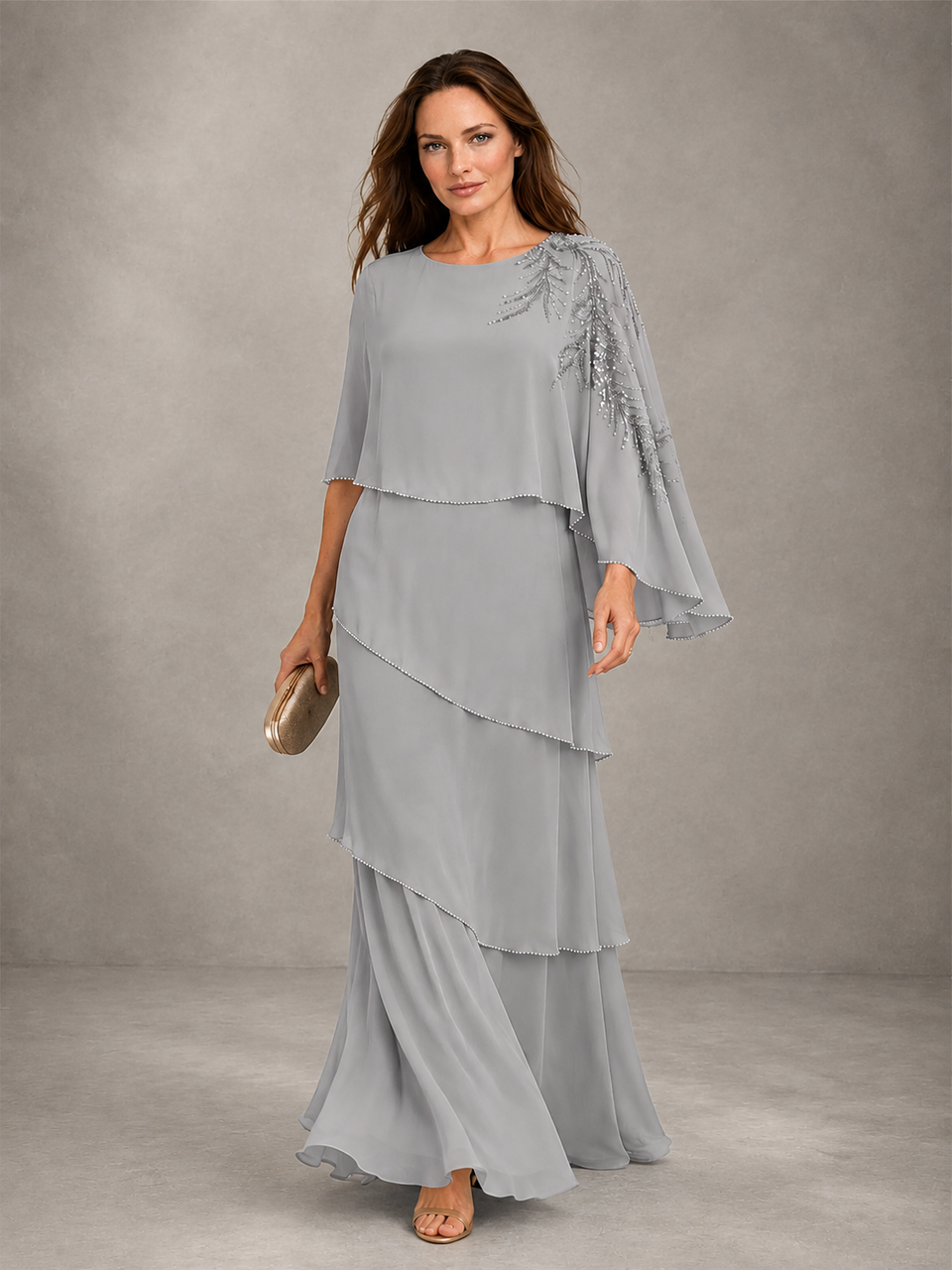 BOLODOO Silver Mocha Asymmetric Cape Sleeve Silver Sequin Embroidered Pearl Trim Tiered Chiffon Gown - Silver