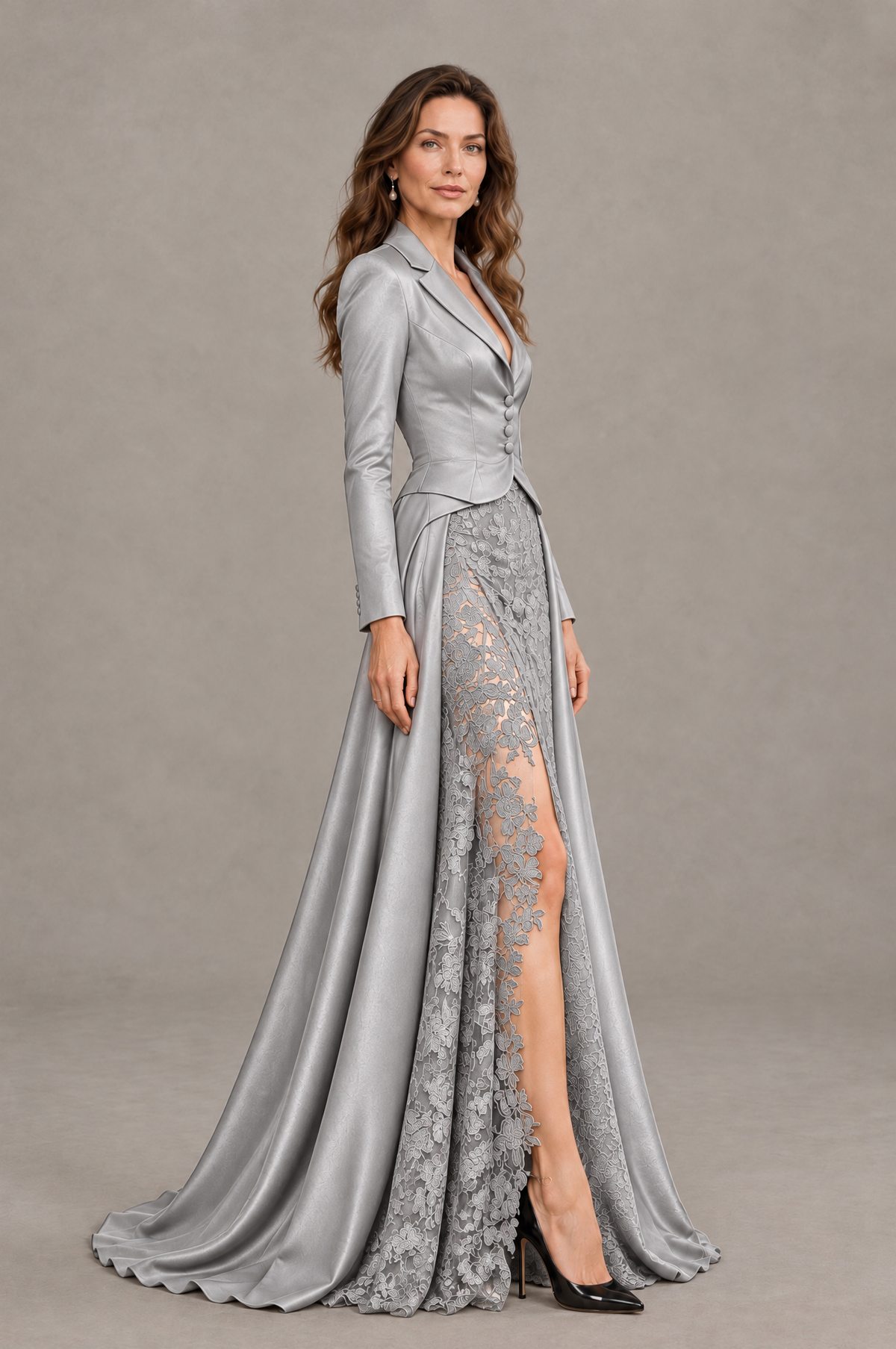 BOLODOO Silver Long Sleeve Lace Blazer Gown with High Slit - Silver - Silver (3)