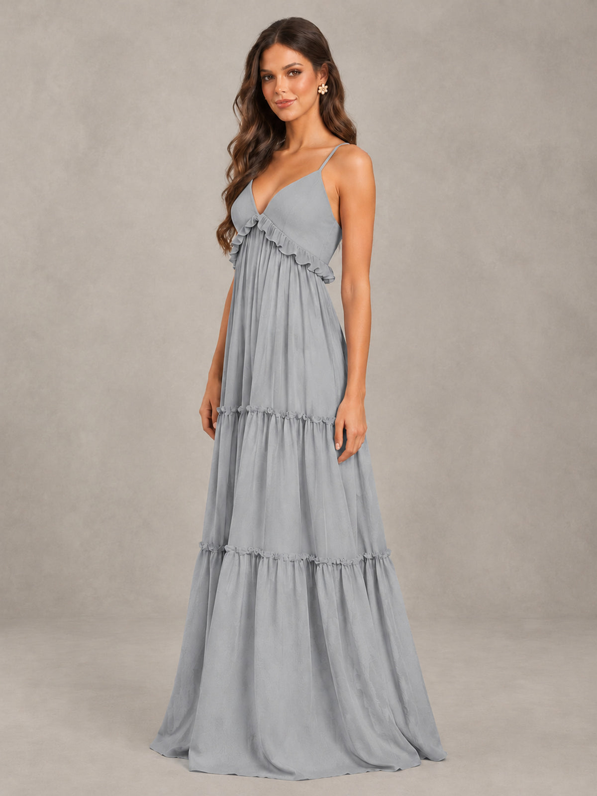BOLODOO Silver Tiered V-Neck Lace-Up Back Bridesmaid Dress - Silver - Silver (3)