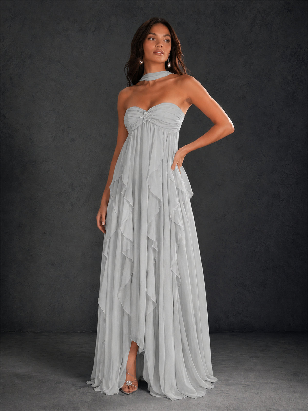 BOLODOO Silver Halter Neck Cascading Ruffle Chiffon Maxi Dress | Keyhole Open Back - Silver