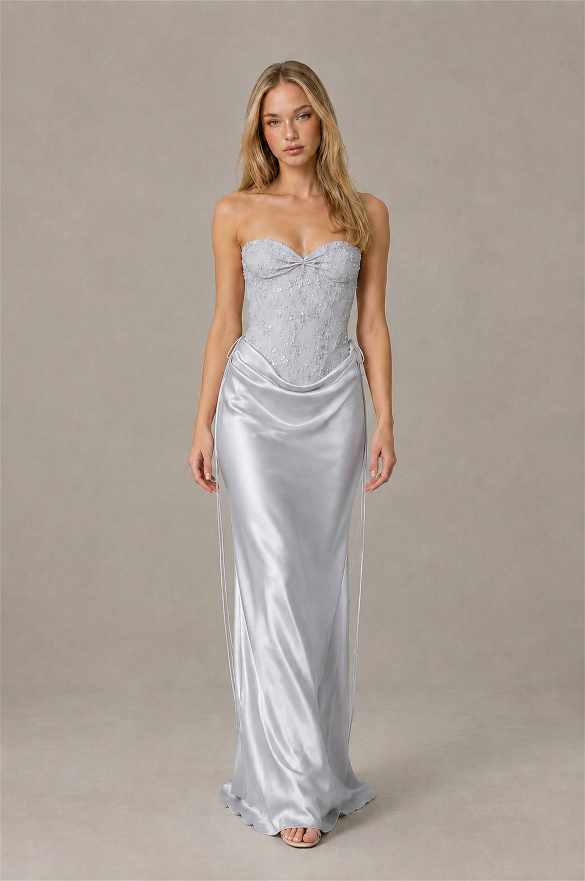 BOLODOO Silver Strapless Embellished Corset Satin-Look Maxi Dress - Silver