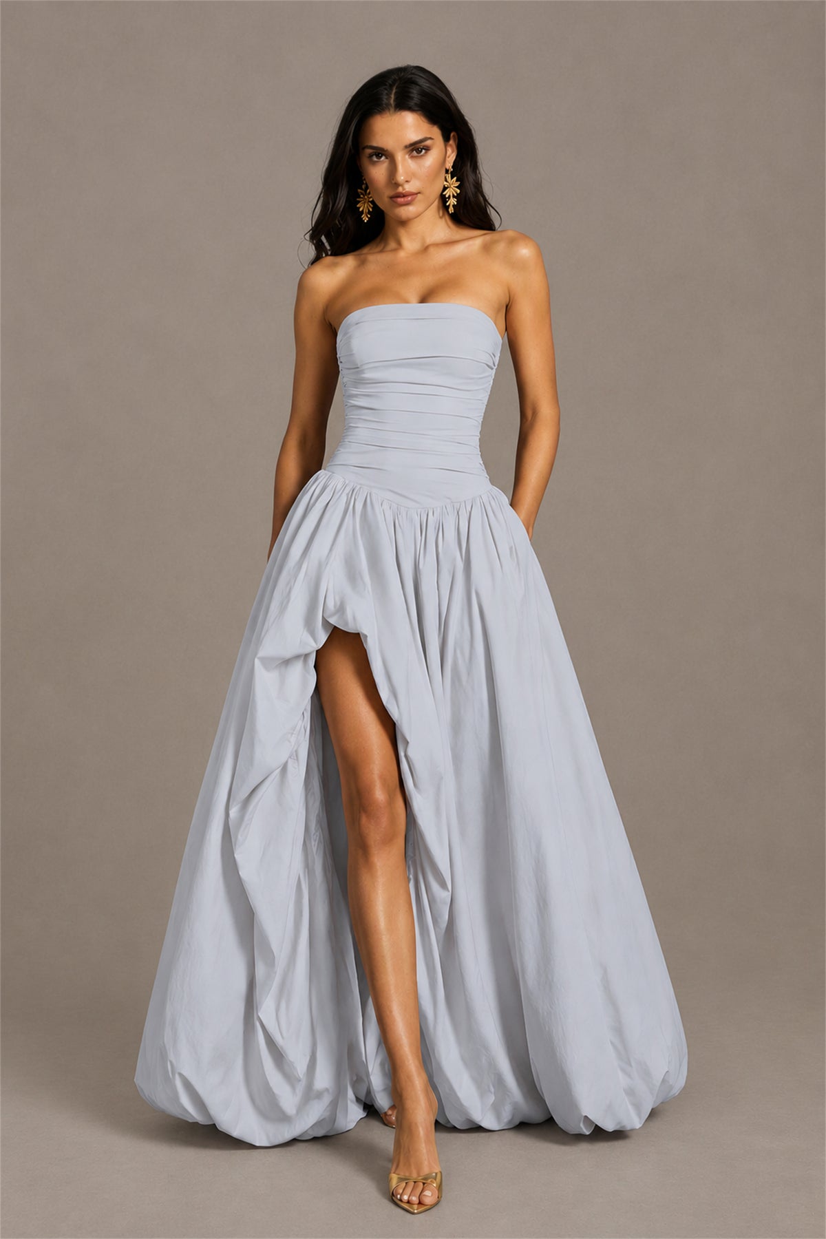 BOLODOO Silver Strapless Ruched Corset Lace-Up Back Bubble Skirt High Slit Taffeta Maxi Dress - Silver