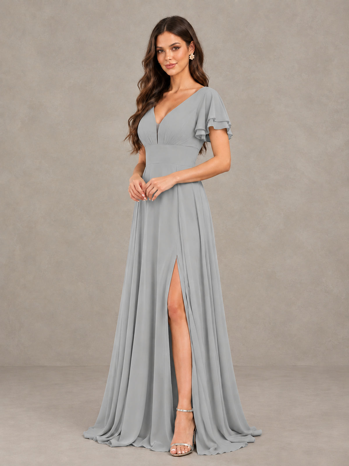 BOLODOO Silver Flutter Sleeve Chiffon A-Line Maxi Bridesmaid Dress with Open Back & Slit - Silver - Silver (3)