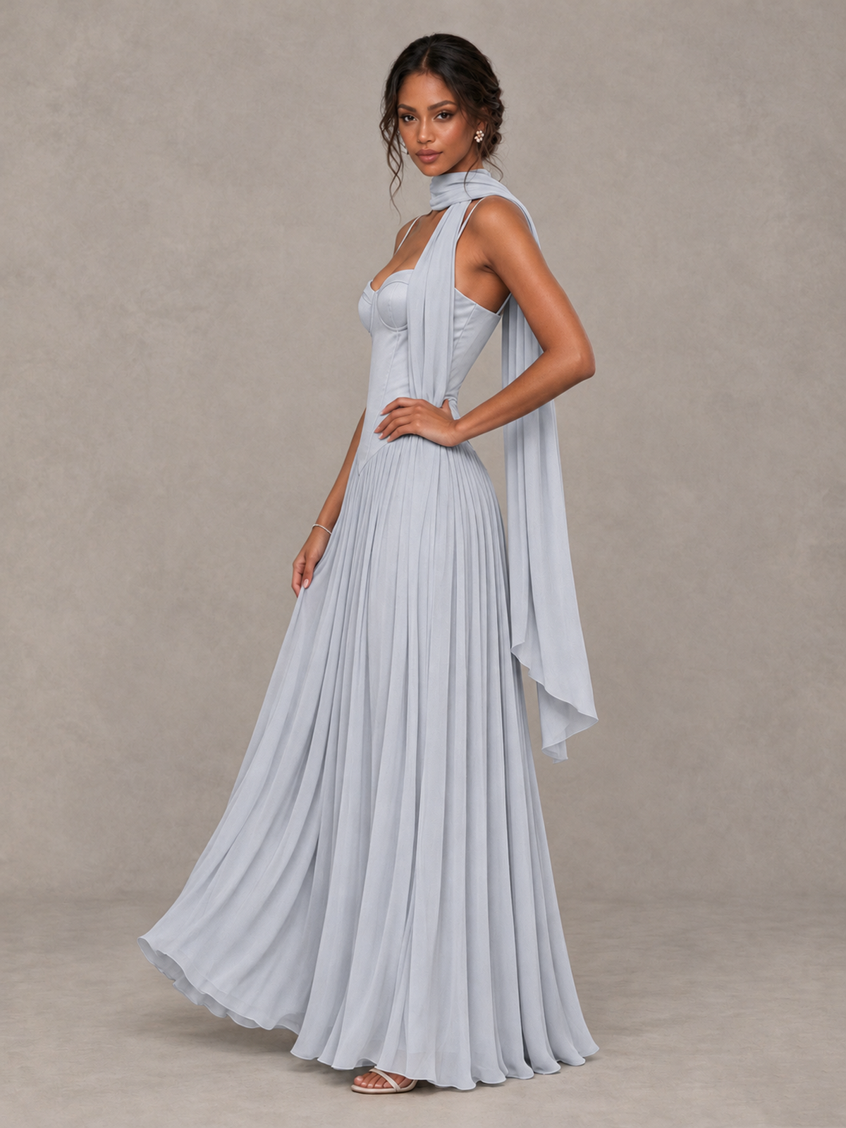 BOLODOO Silver Corset Bridesmaid Dress with Scarf - Silver - Silver (3)
