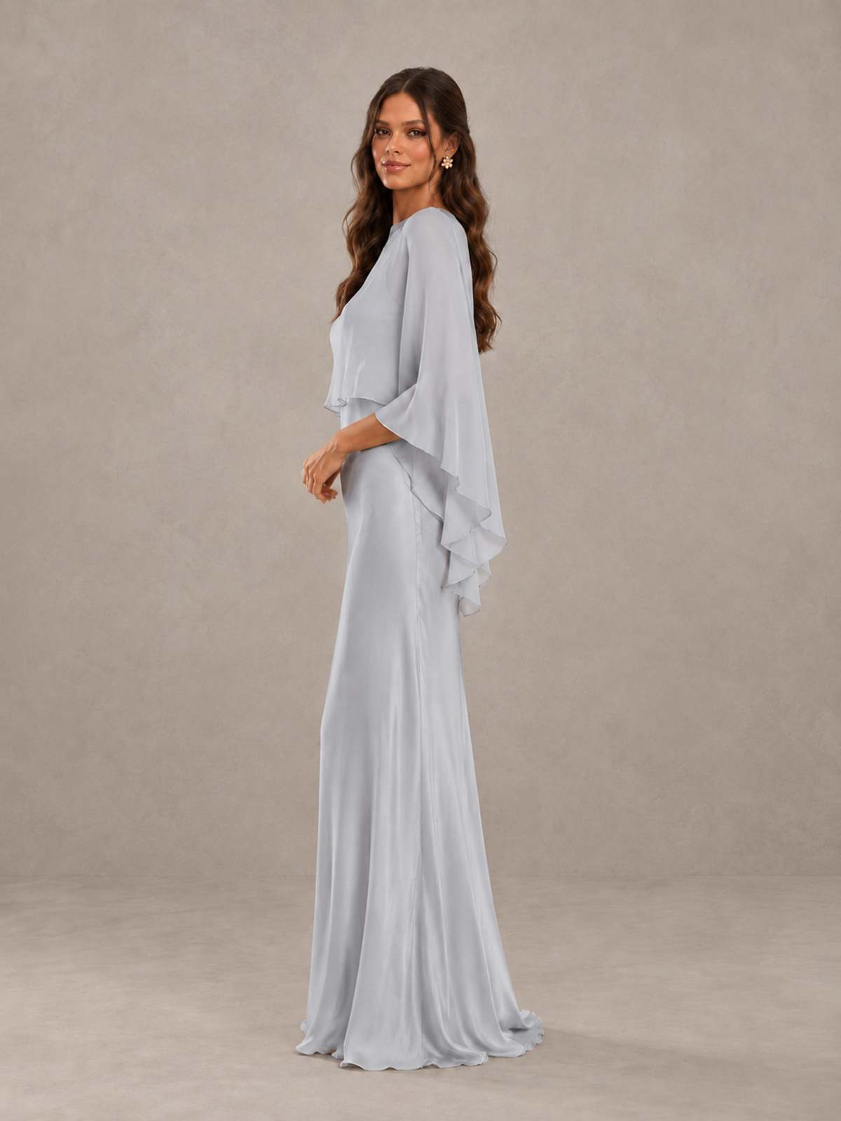 BOLODOO Silver Satin Mermaid Bridesmaid Dress with Chiffon Cape - Silver - Silver (3)