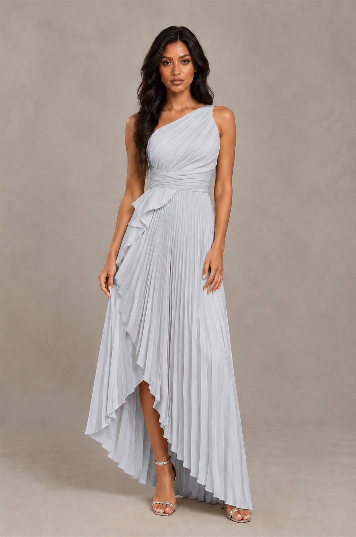 BOLODOO Silver One-Shoulder High-Low Ruffle Maxi Dress - Silver