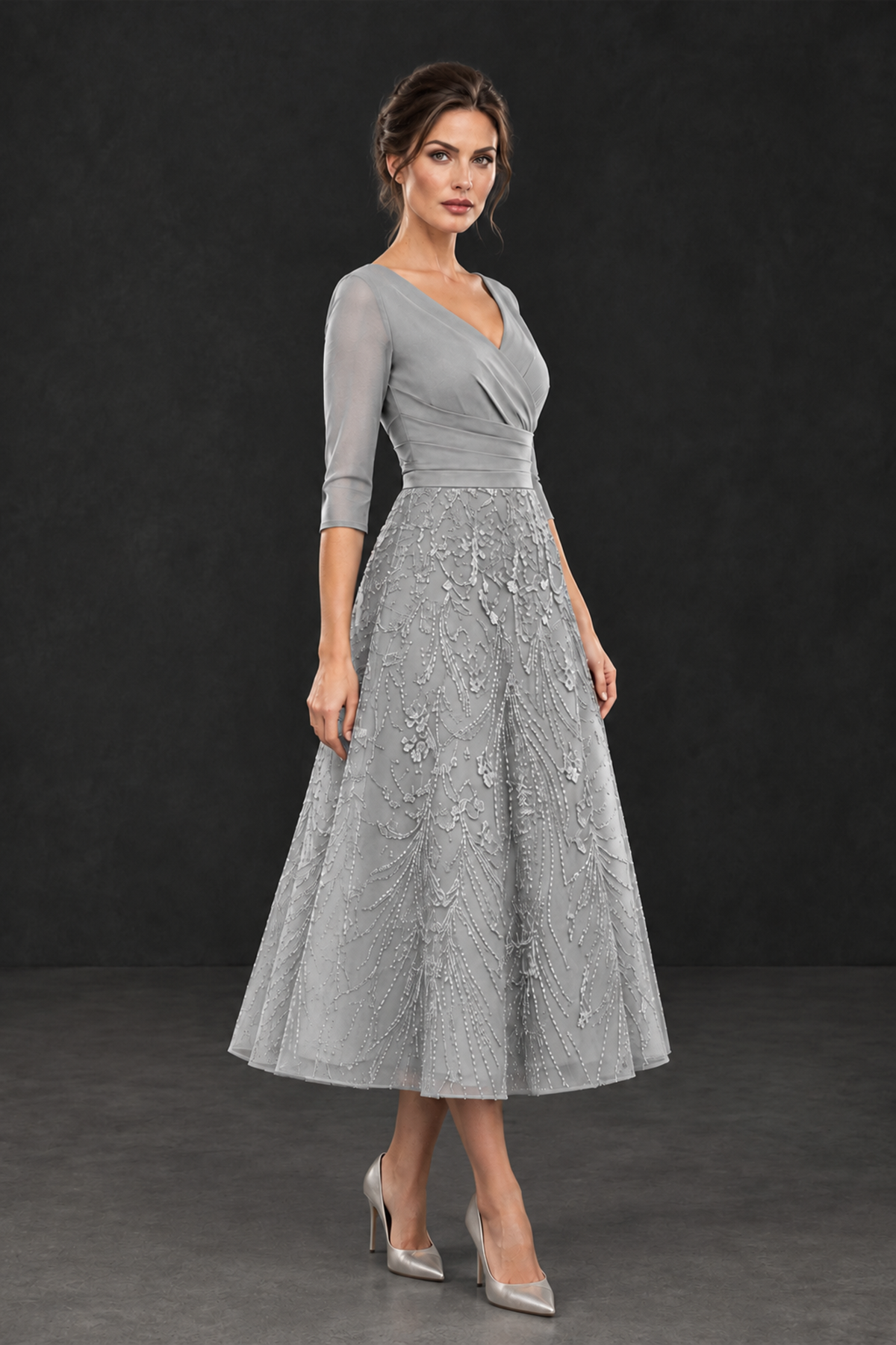 BOLODOO Silver V-Neck Tea-Length Lace Mother of the Bride Dress - Silver
