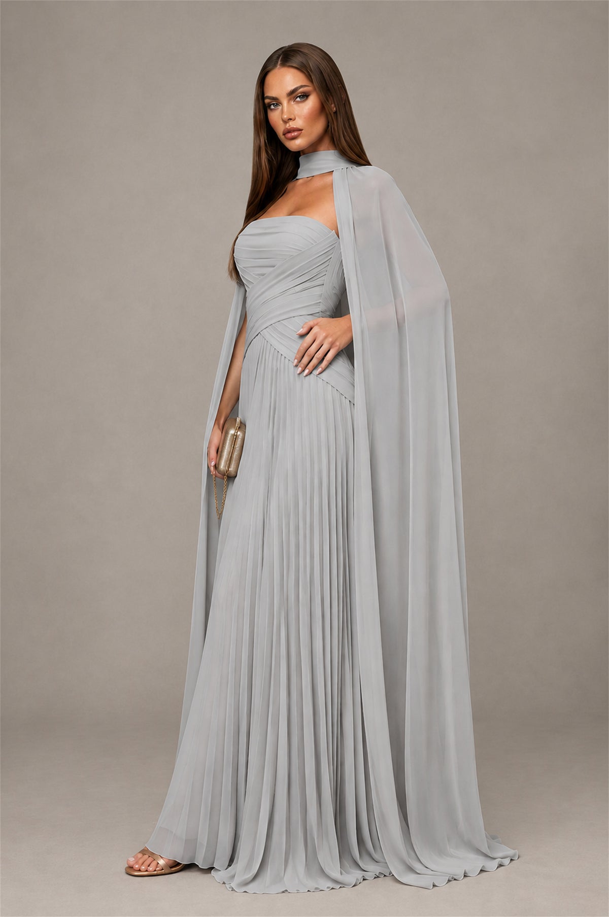 BOLODOO Silver Strapless Crossover Ruched Bodice Detached Turtleneck Cape Lace-Up Back Pleated Chiffon Maxi Dress - Silver